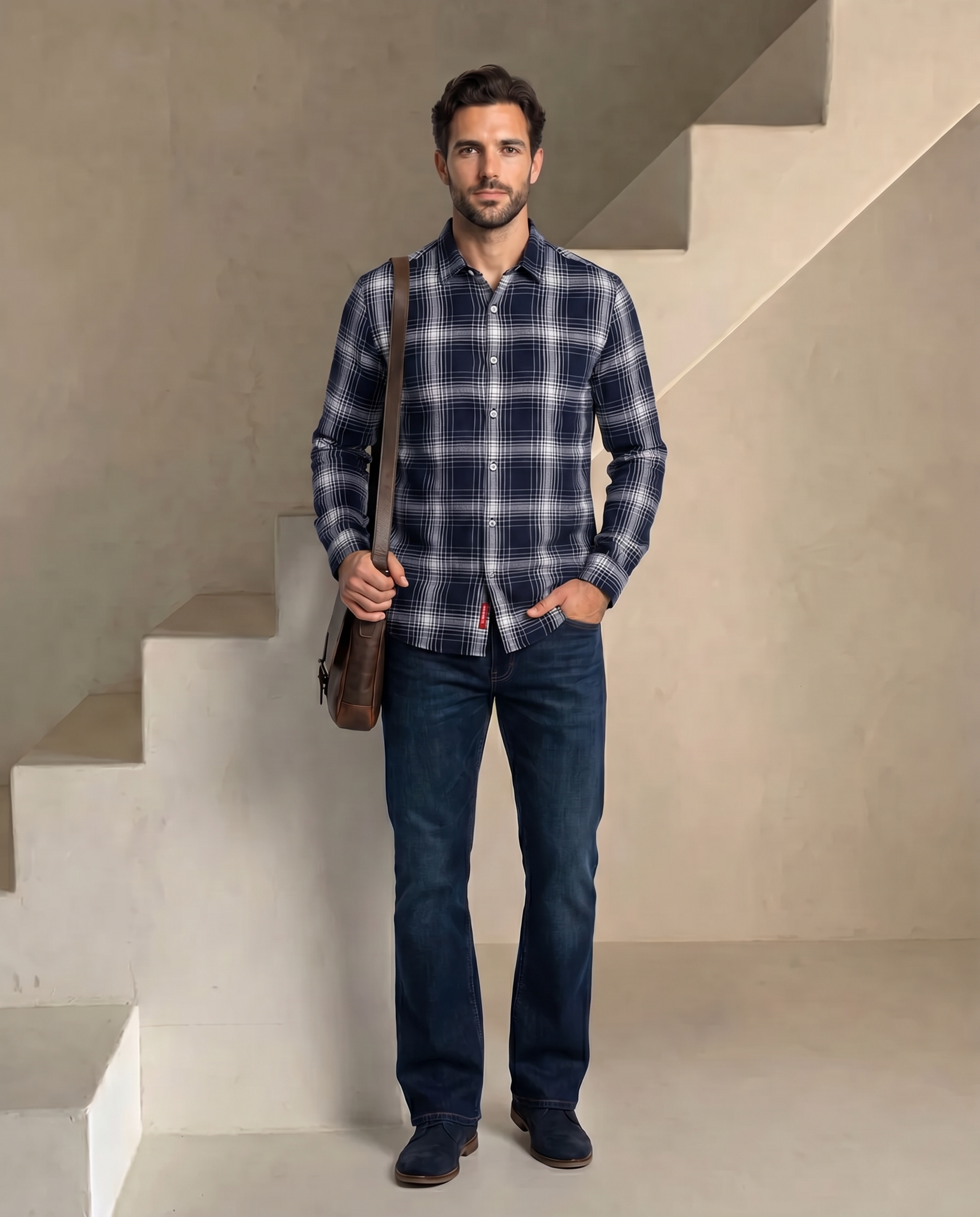 Midnight Blue Windowpane Grid Checks Shirt