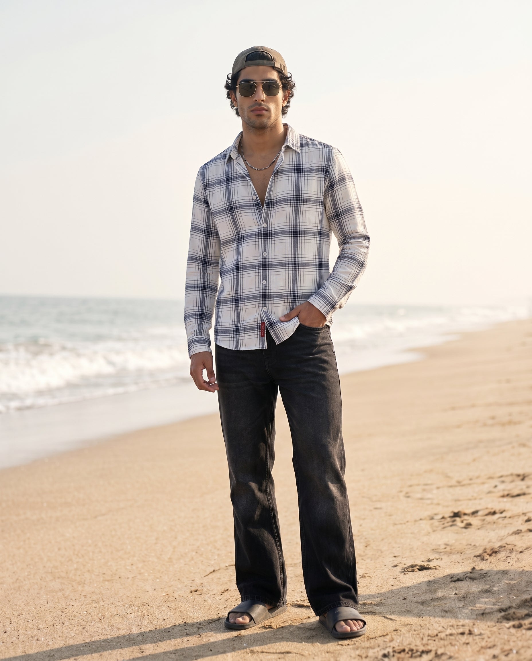 Soft White Windowpane Grid Checks Shirt