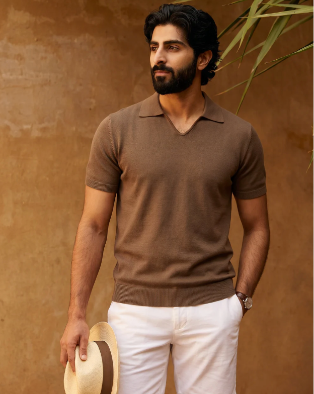 Cocoa Brown Cotton-Bamboo U-Neck Polo