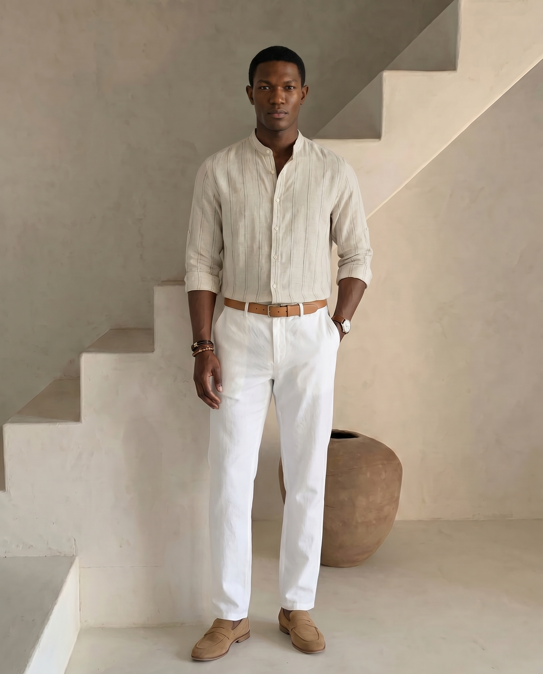 Ivory 100% Linen Striped Shirt