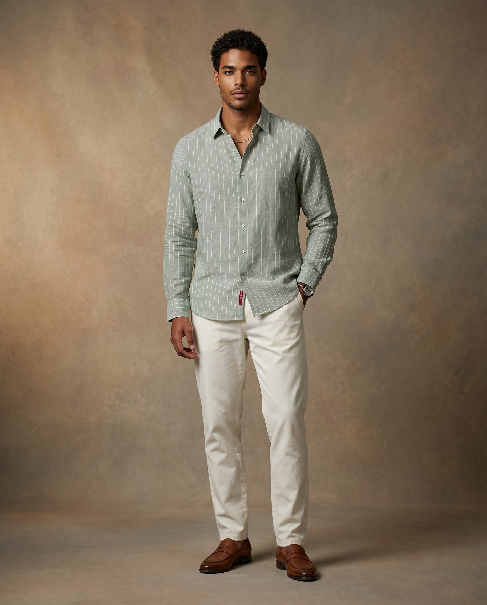 Moss Green Linen Blend Striped Shirt
