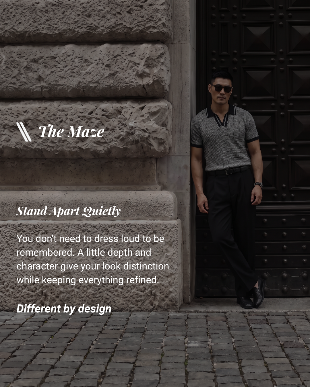 Ink Black Maze Grid V-Polo