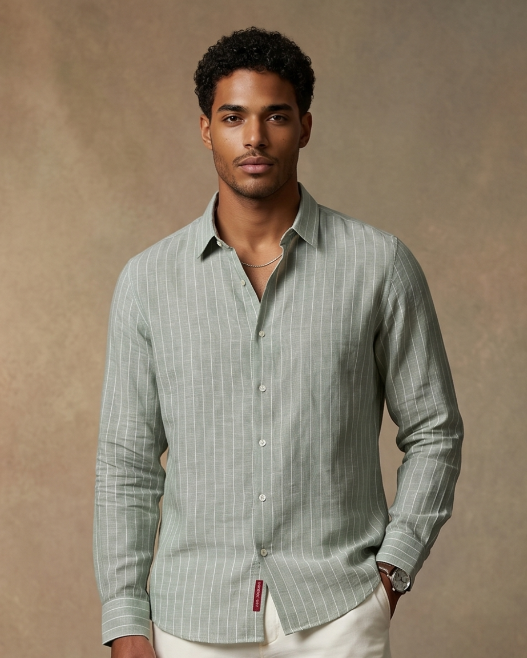 Sage Green Linen Blend Stripe Shirt