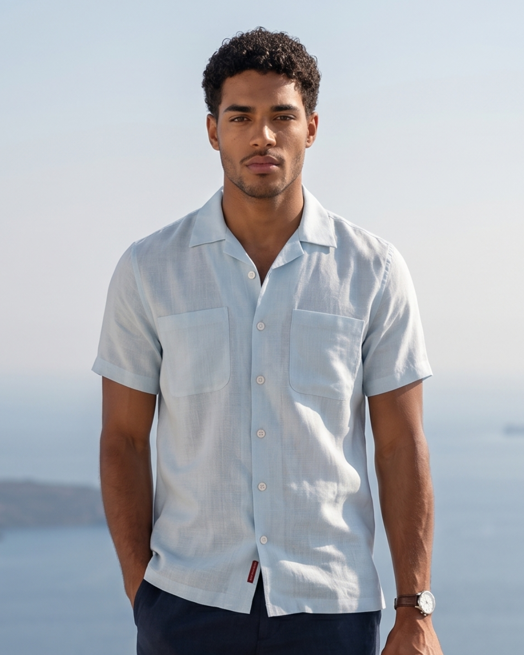 Ice Blue Double Pocket Linen Blend Shirt