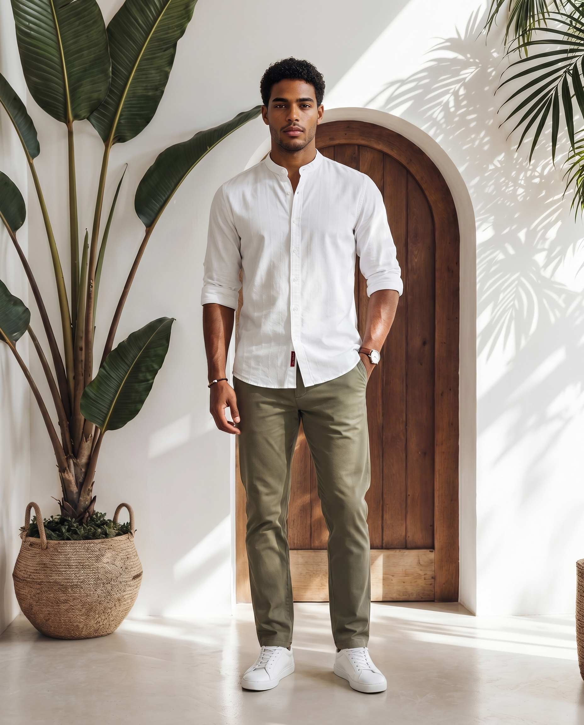 Soft White Self-Stripe Mandarin Collar Shirt