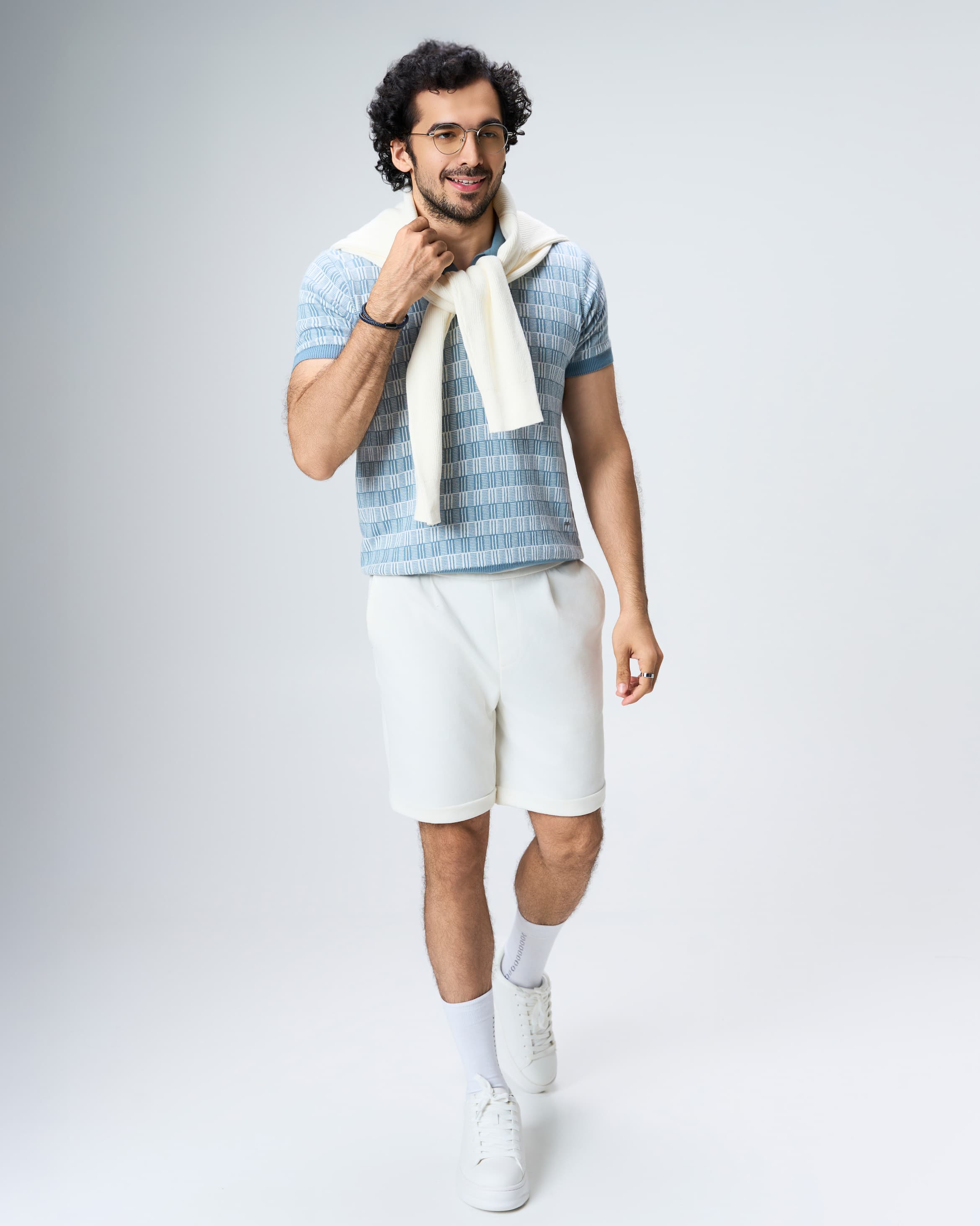Powder Blue Luxe Gridline V-Polo