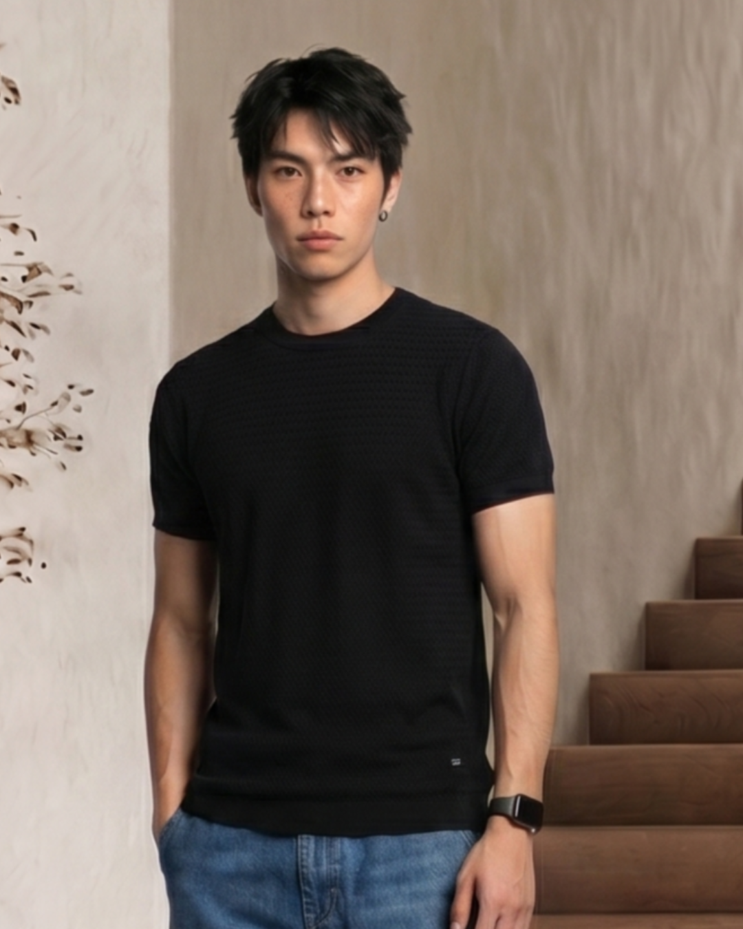 Ink Black Chevron Round Neck T-Shirt