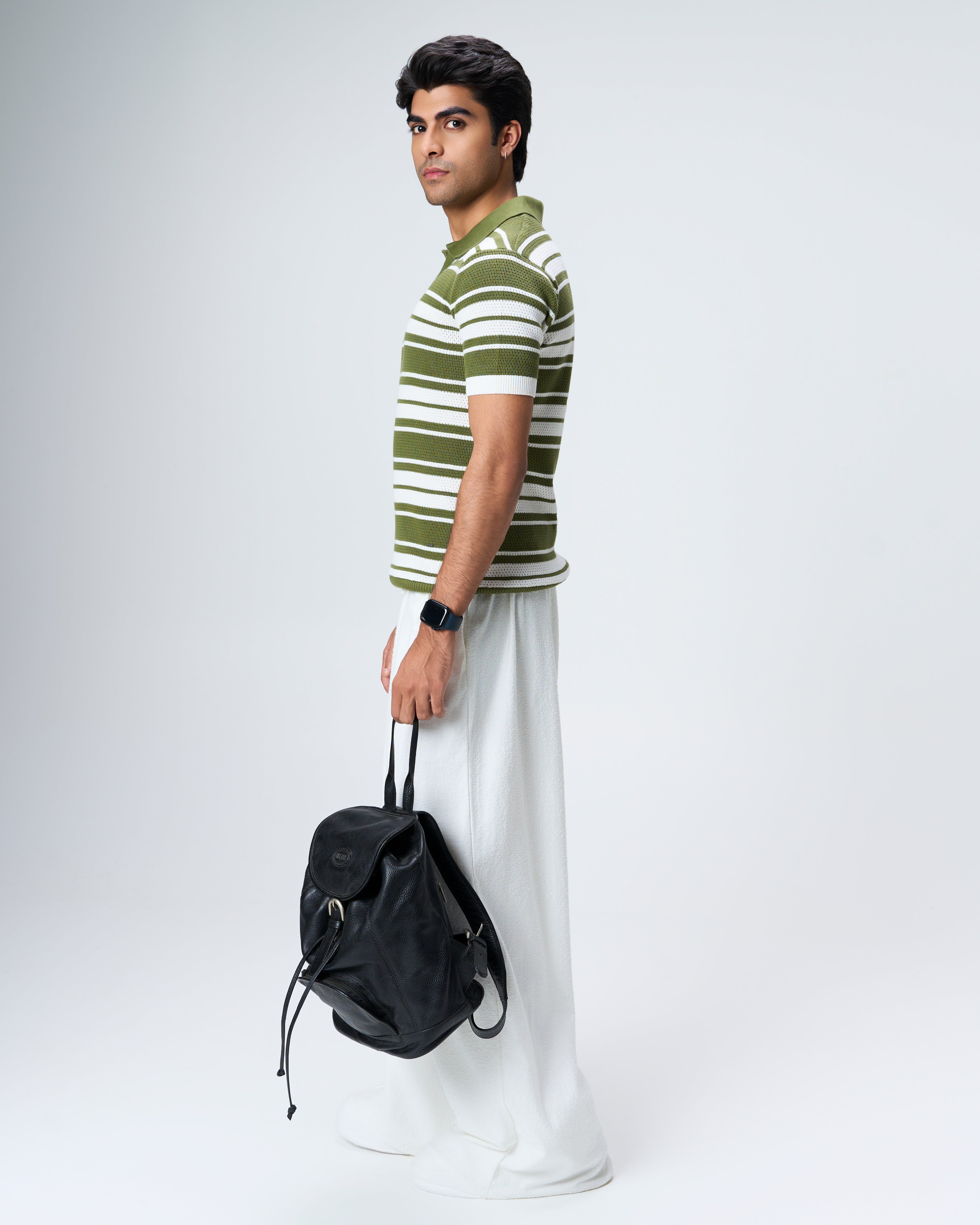 Sage Green Mesh Stripe V-Polo - 100% Cotton - II