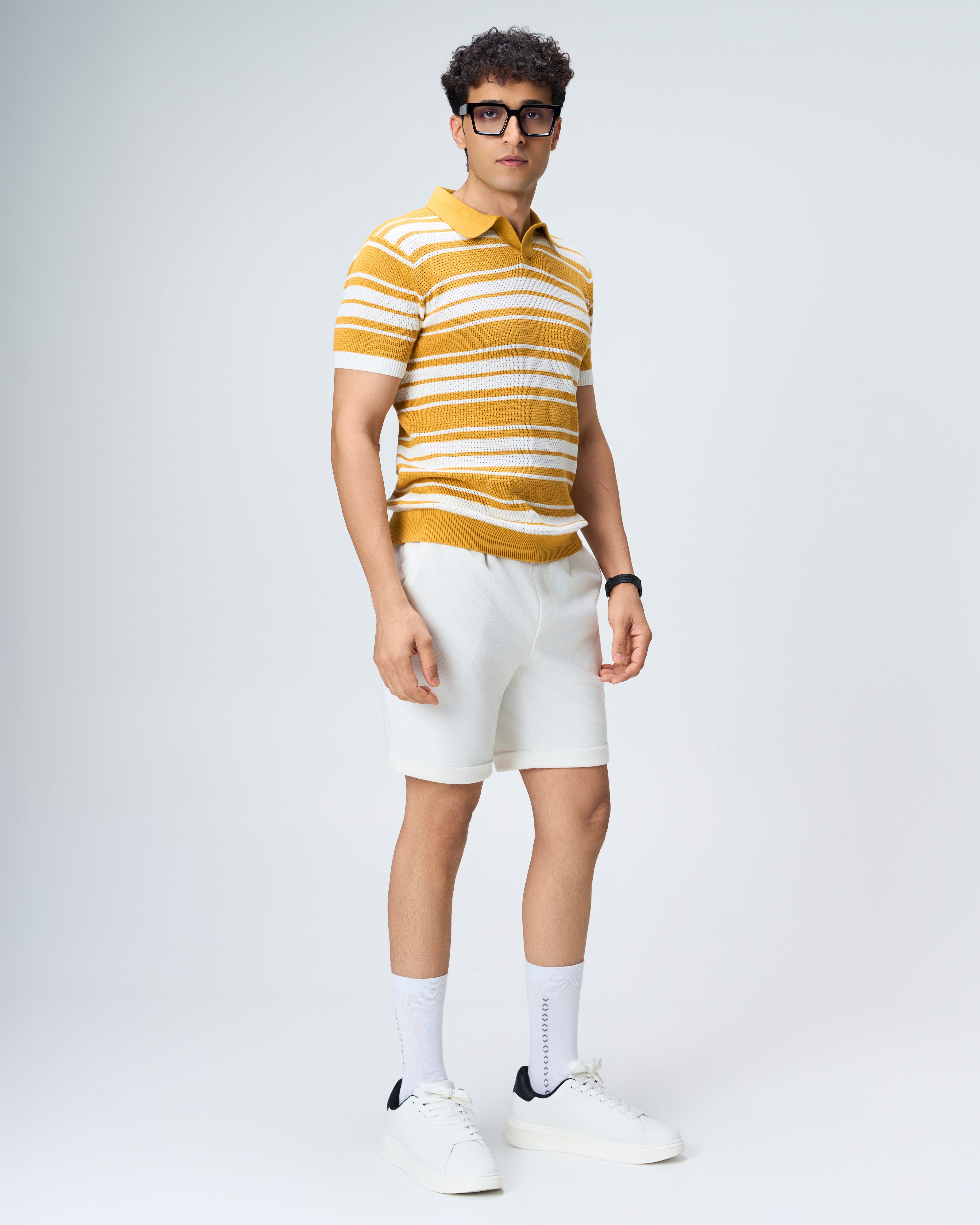 Mustard Mesh Stripe V-Polo - 100% Cotton - II