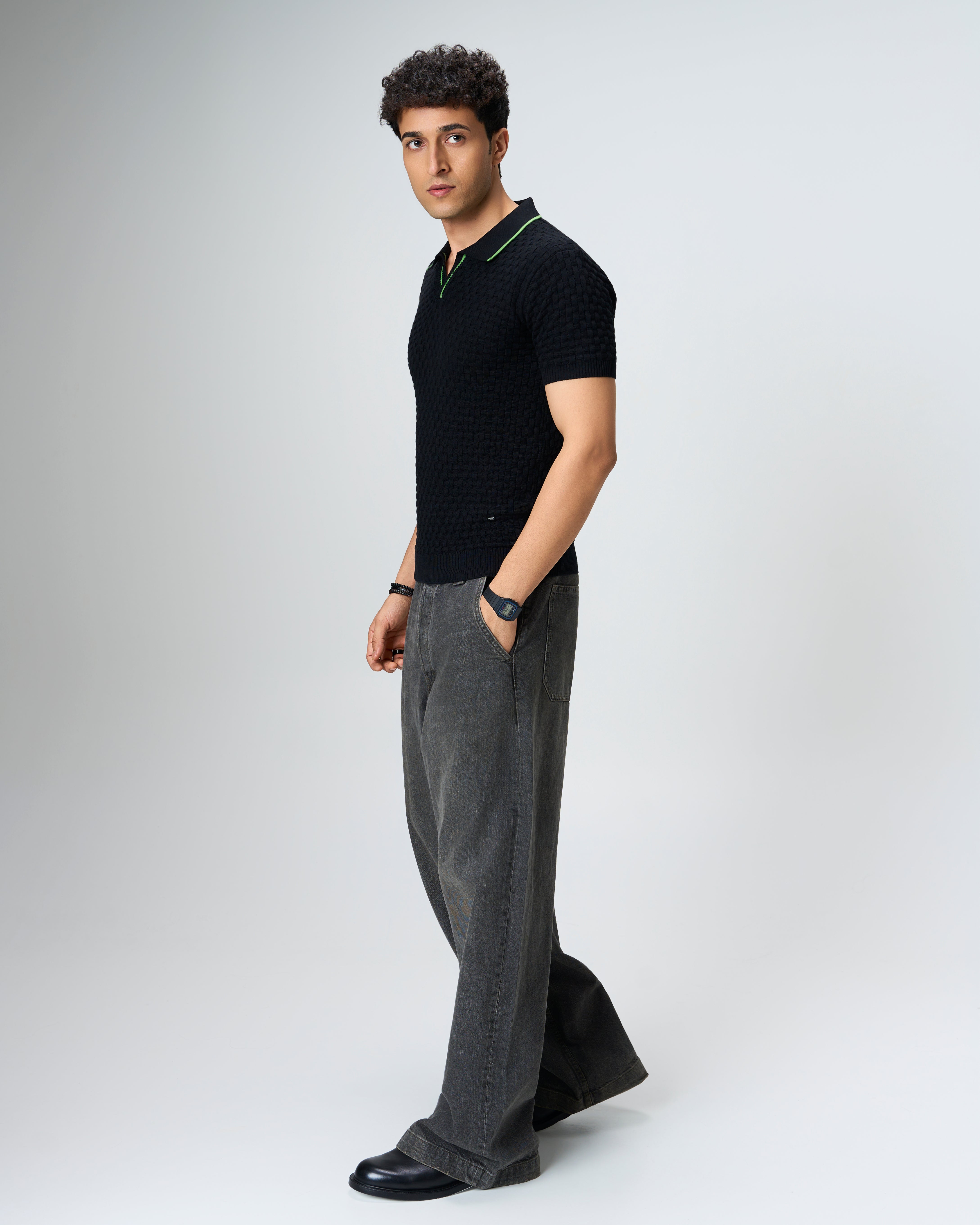 Grass Green Piping Basket V-Polo - 100% Cotton - II