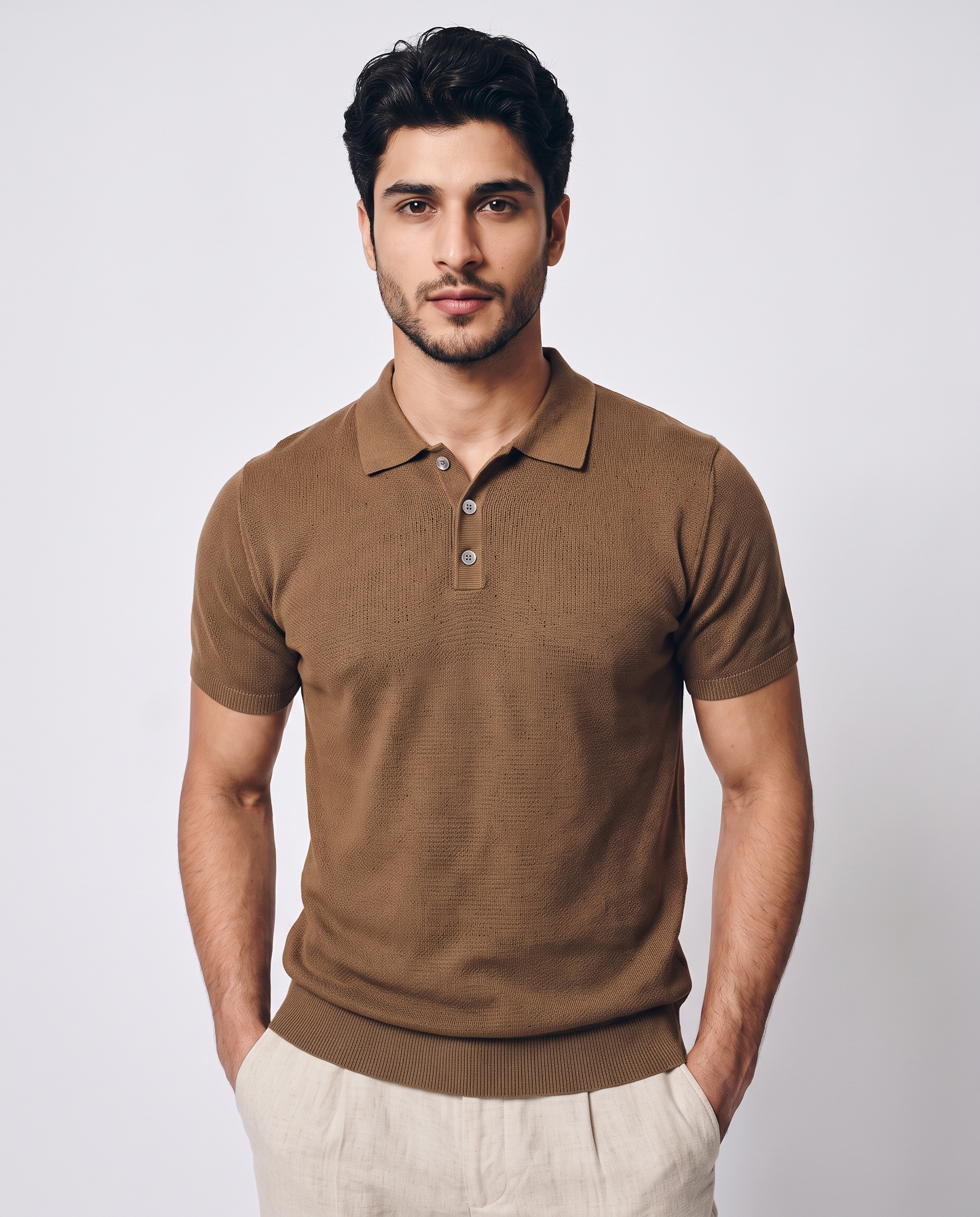 Cocoa Brown Waffle Knit Polo