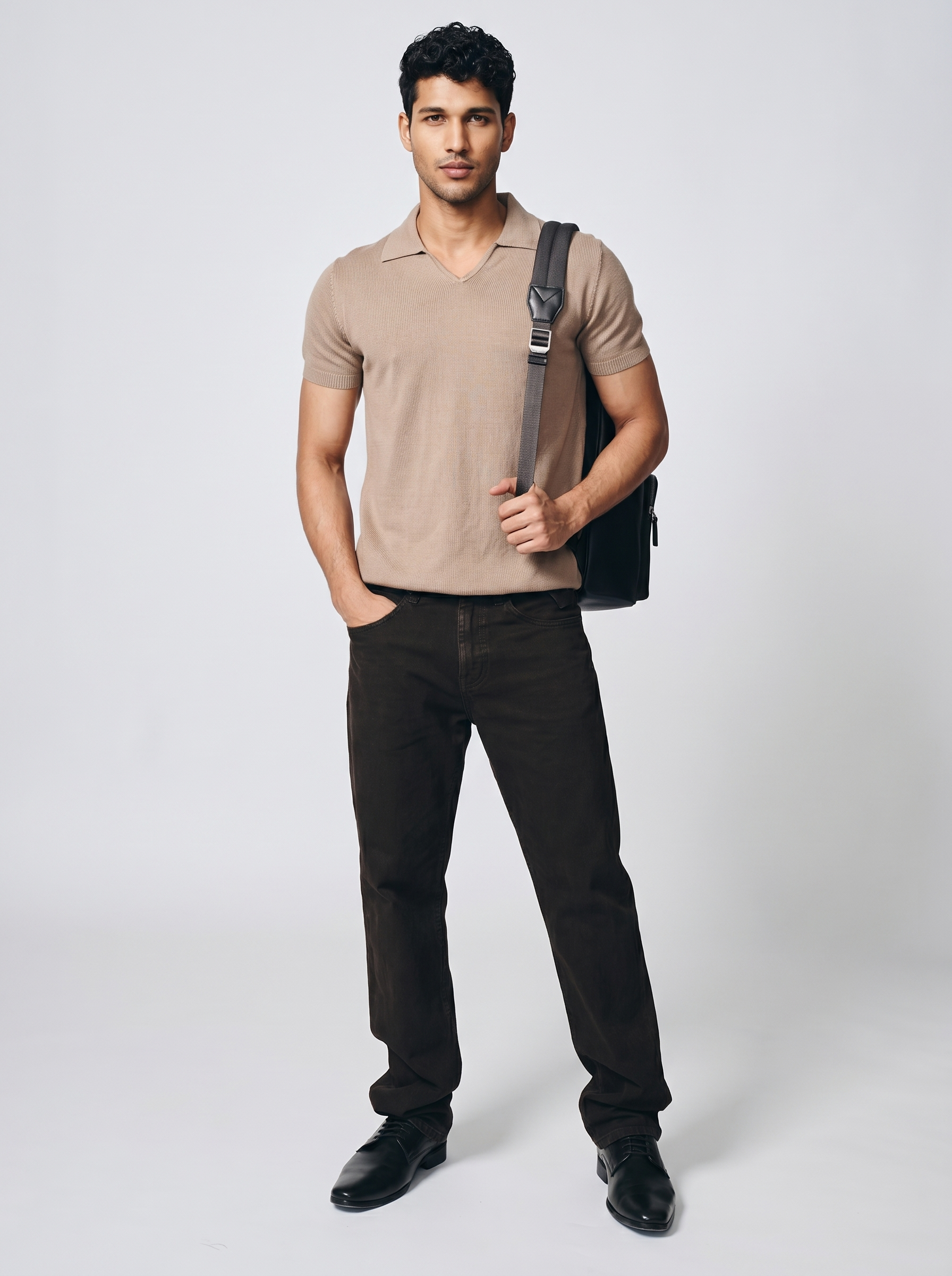 Warm Tan Cotton-Bamboo U-Neck Polo