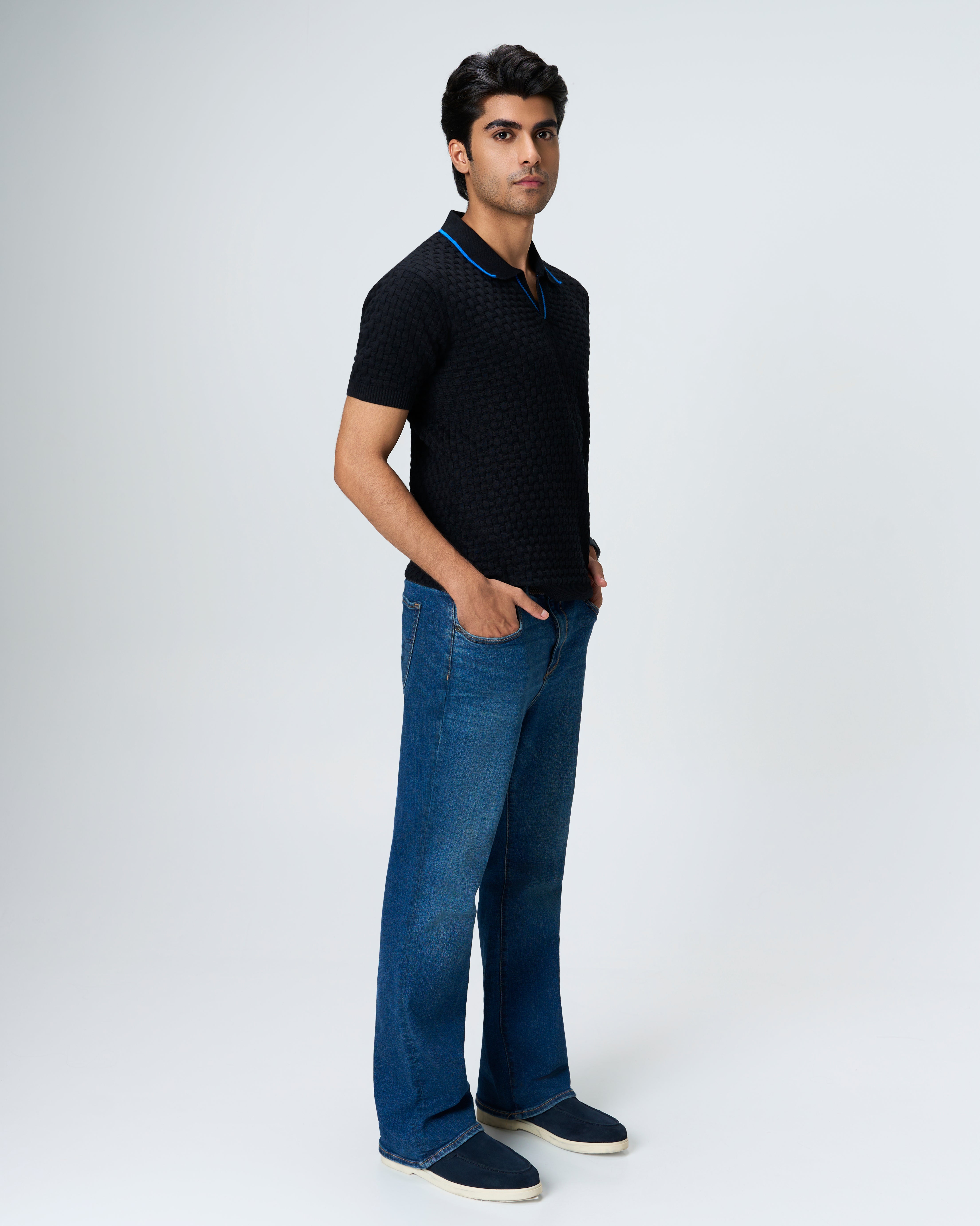 Ink Black Basket V-Polo Electric Blue Piping