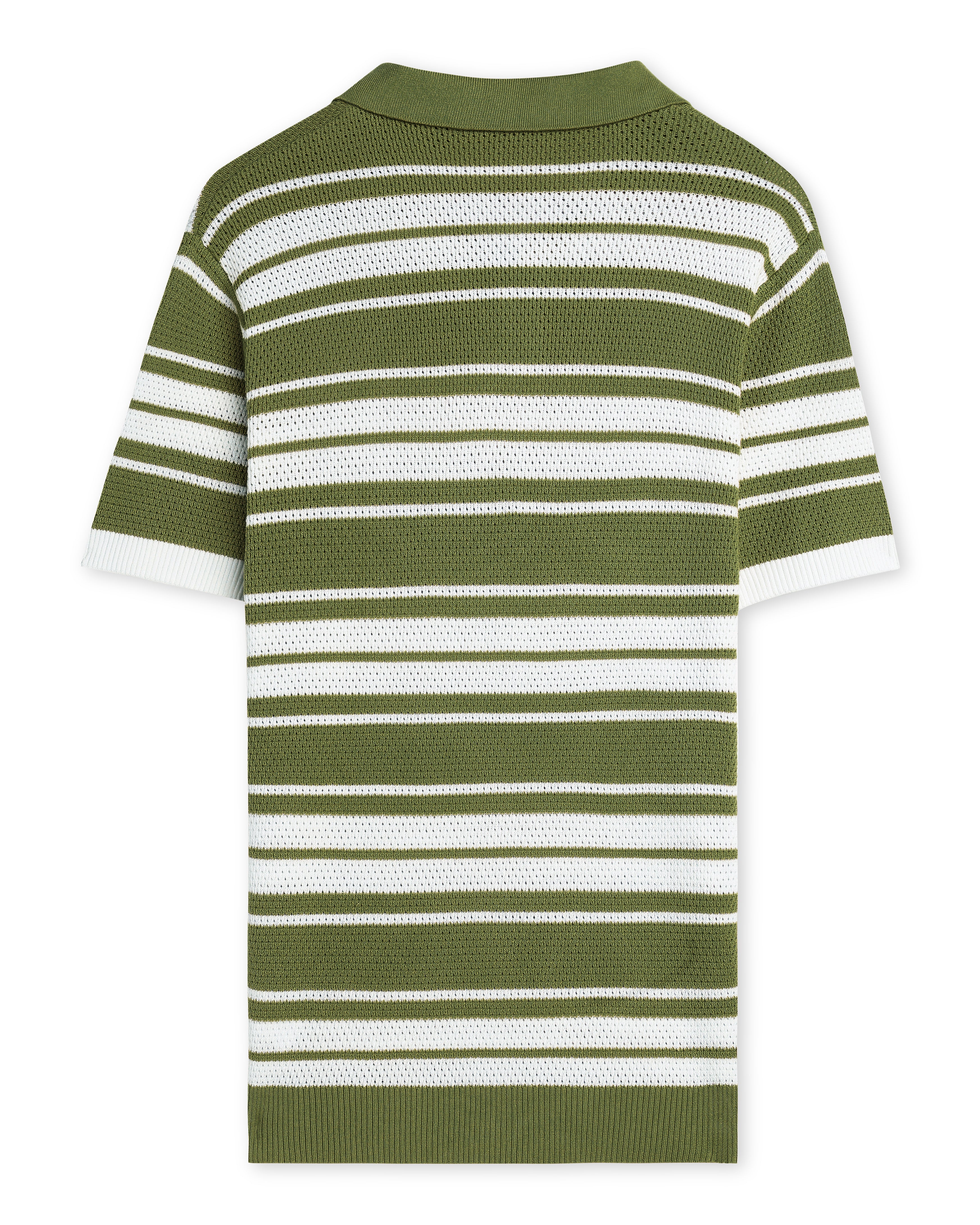 Sage Green Mesh Stripe V-Polo - 100% Cotton - II