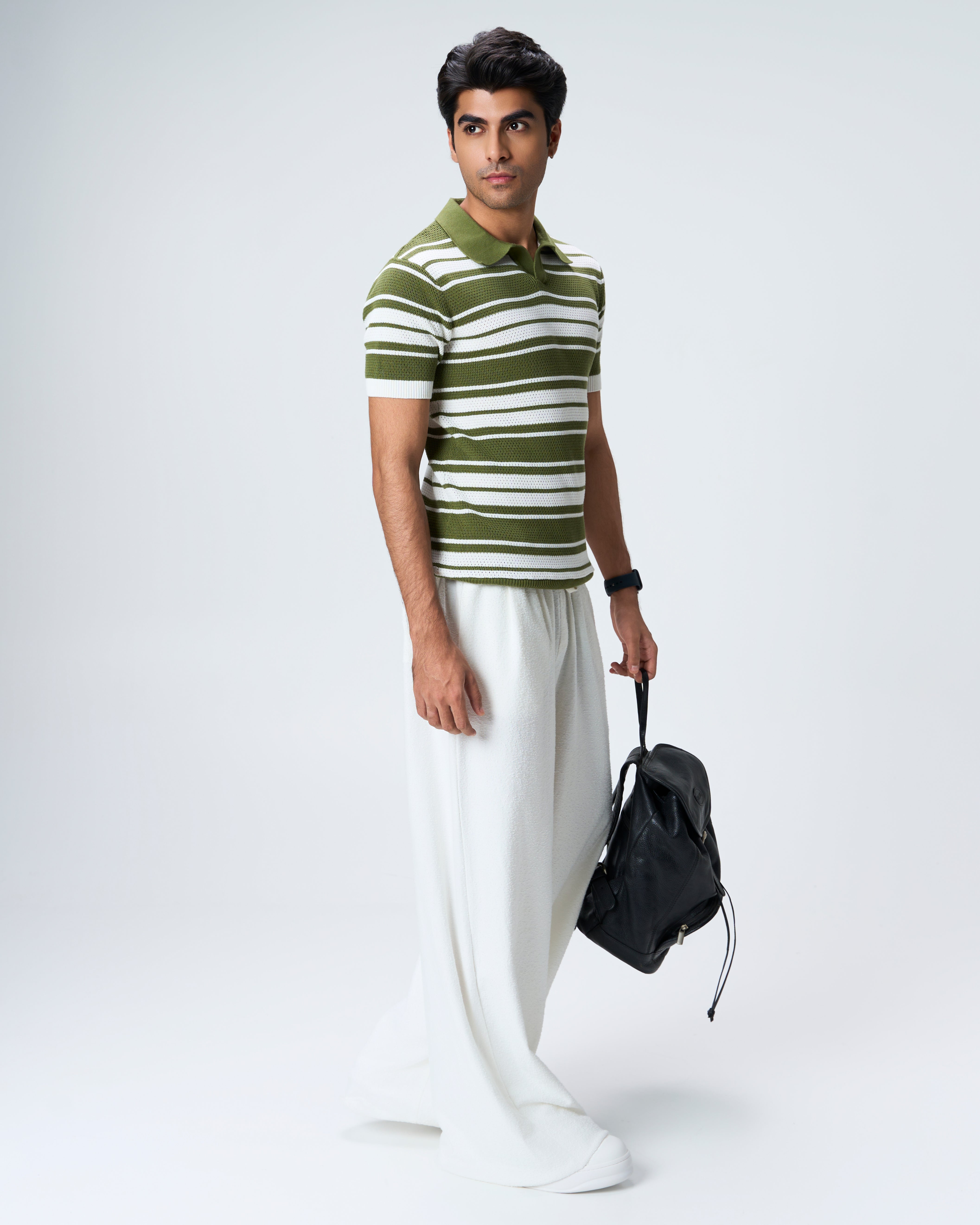 Sage Green Mesh Stripe V-Polo - 100% Cotton - II