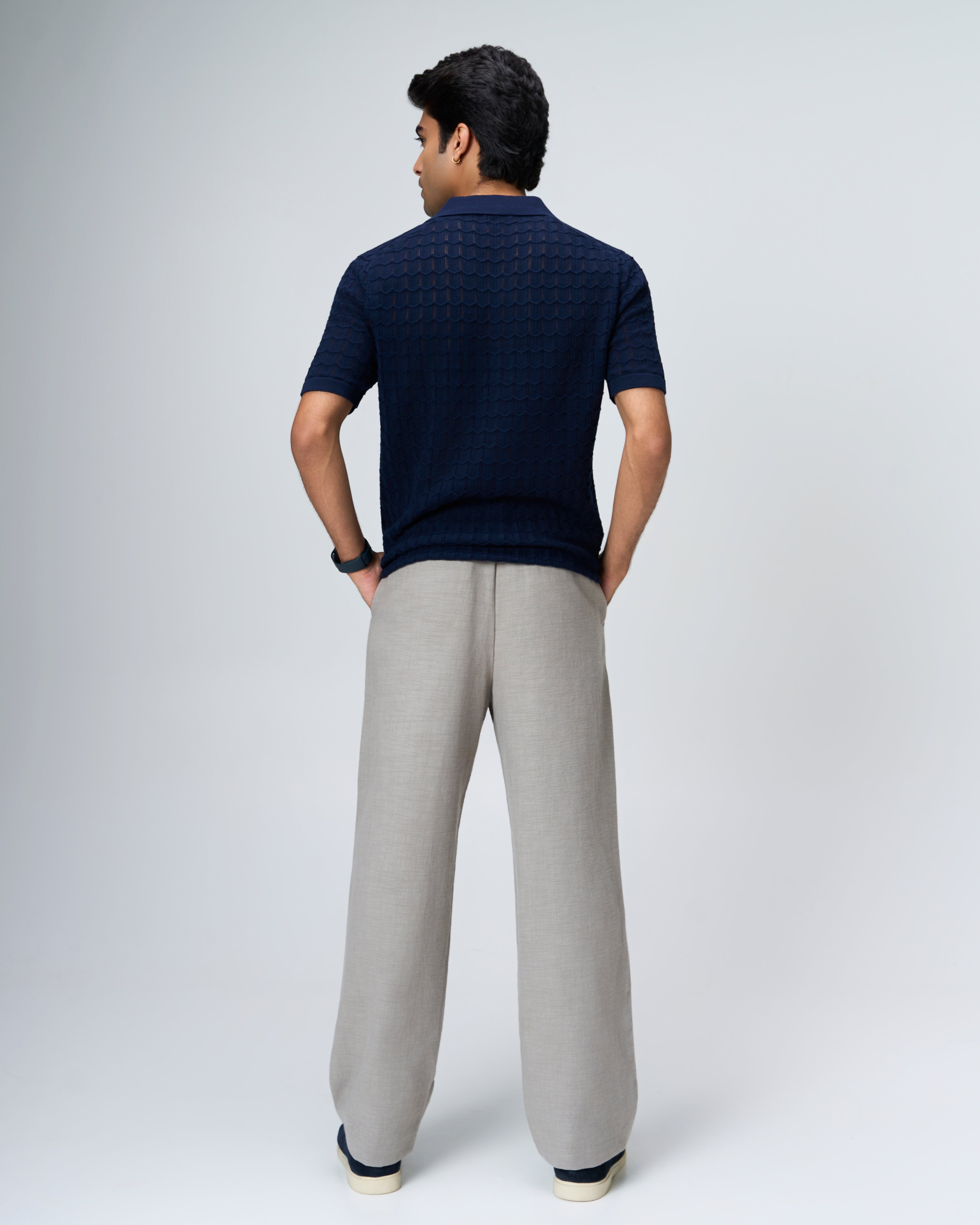 Midnight Blue Luxe Open-knit V-Polo - 100% Cotton - II