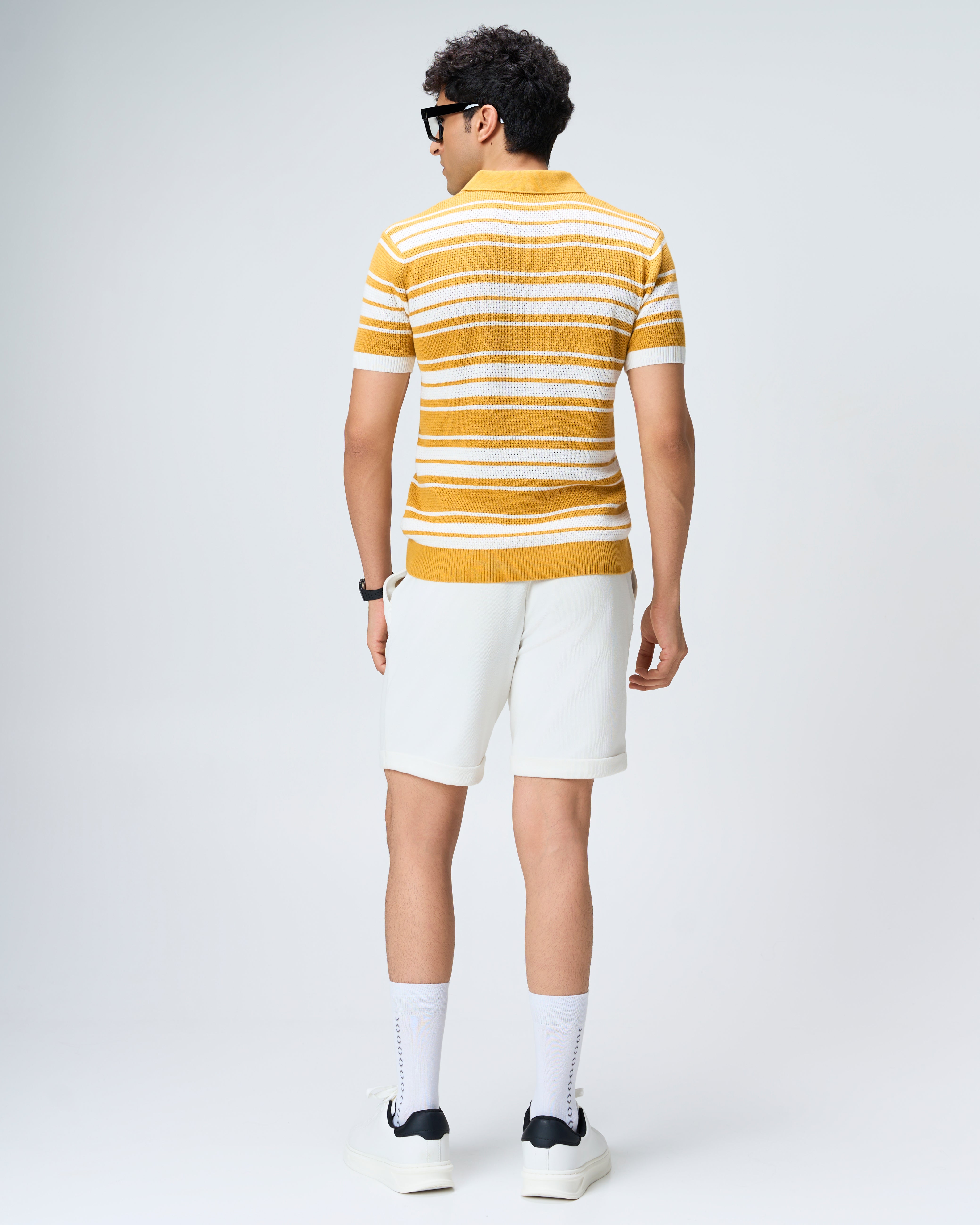 Mustard Mesh Stripe V-Polo - 100% Cotton - II