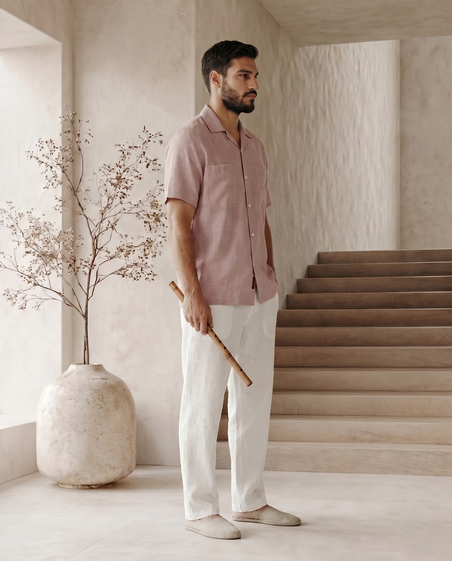 Muted Mauve Double Pocket Linen Blend Shirt