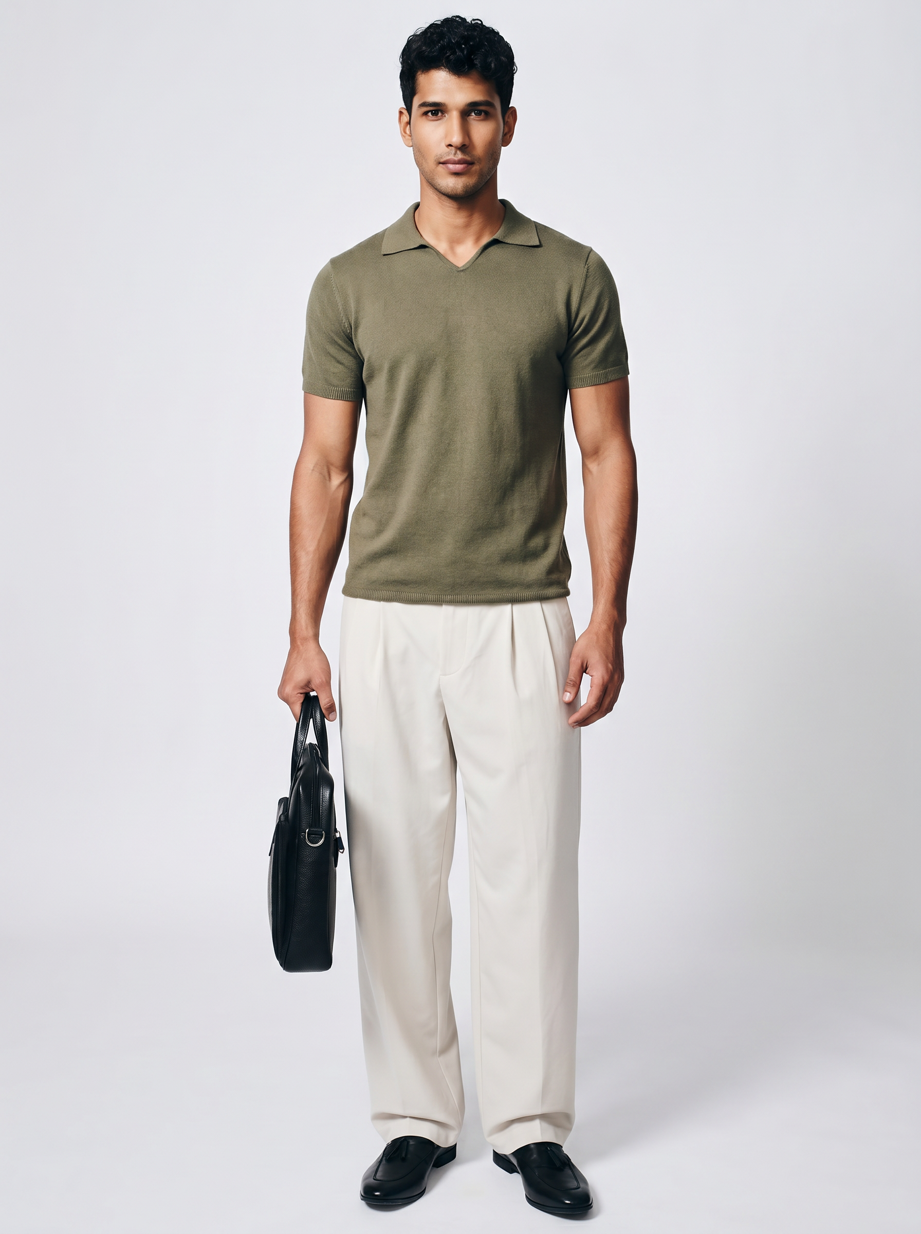 Khaki Cotton-Bamboo U-Neck Polo
