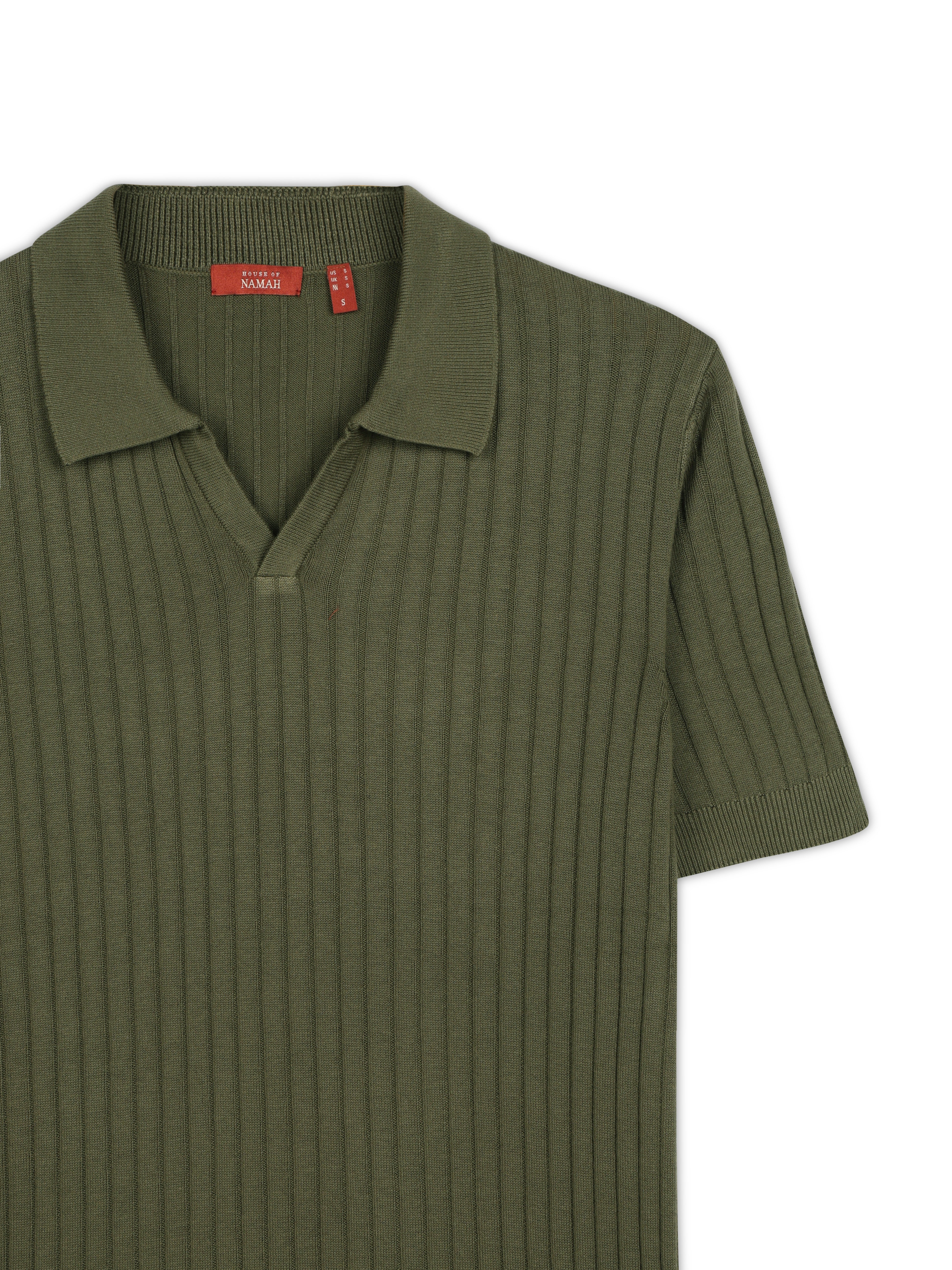 KHAKI GREEN COTTON-BAMBOO V-NECK DROP NEEDLE POLO T-SHIRT