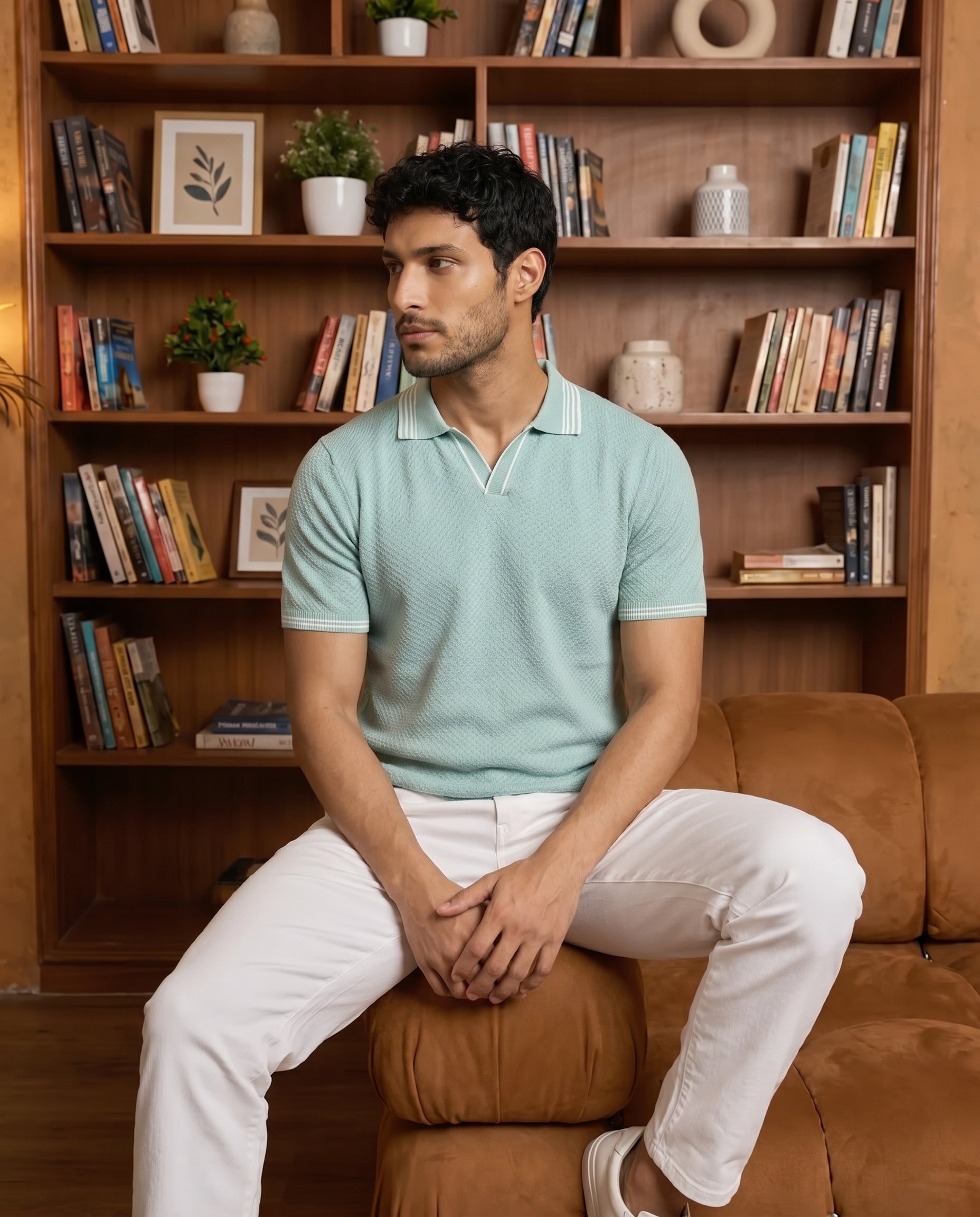Mint Green Ultra Stretch Waffle V-Polo