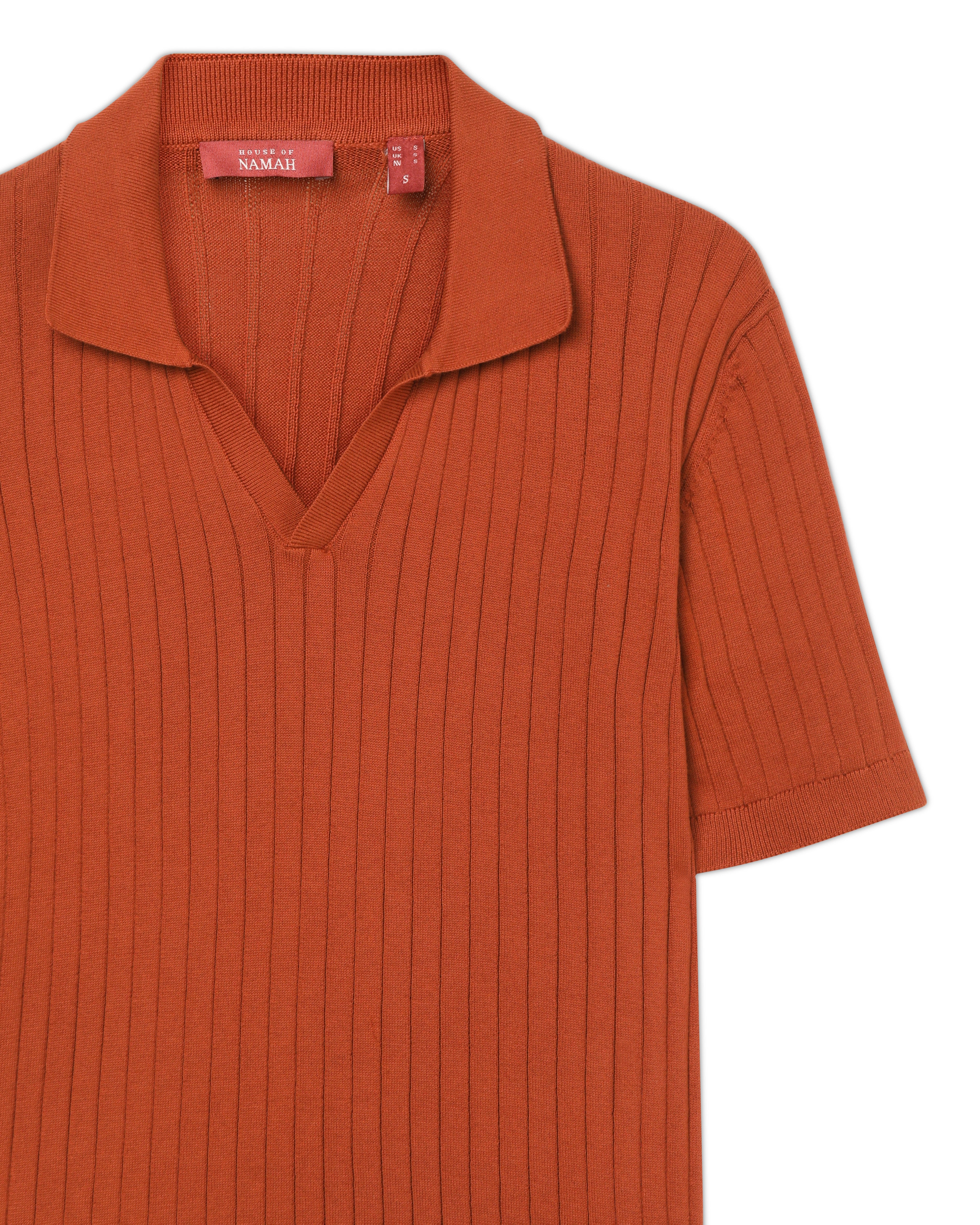 Burnt Ochre Drop Needle V-Polo - 100% Cotton - II