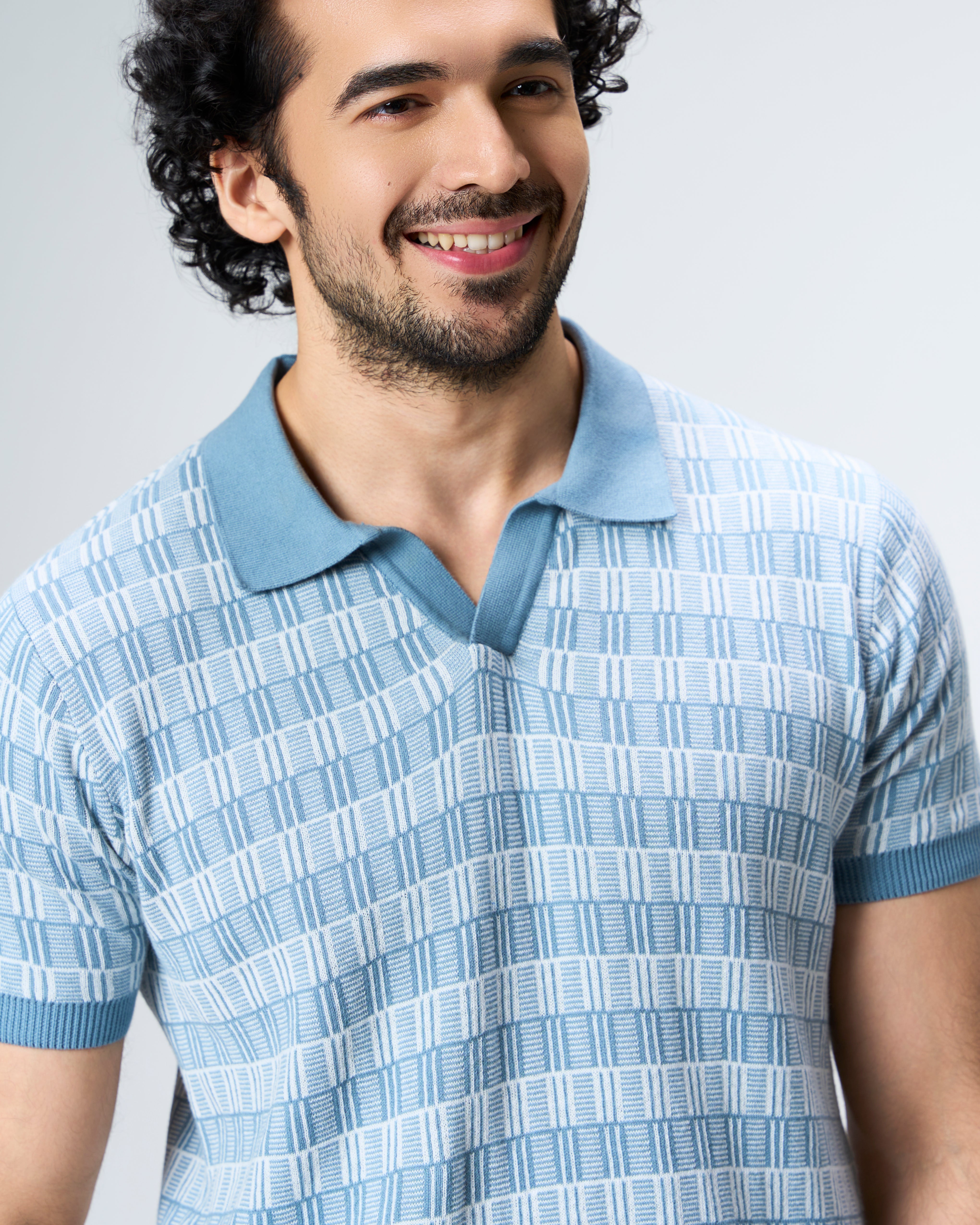 Powder Blue Luxe Gridline V-Polo