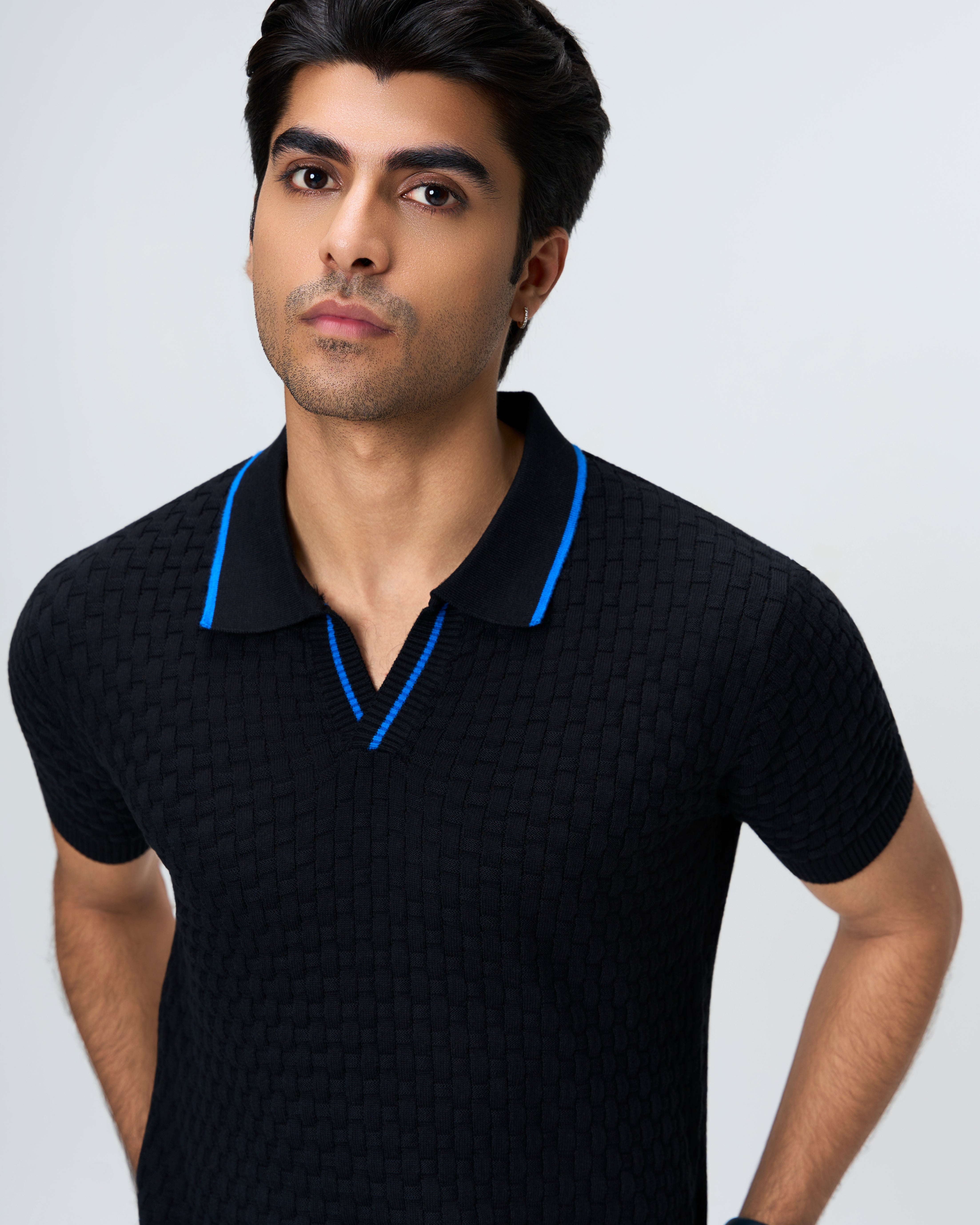Ink Black Basket V-Polo Electric Blue Piping