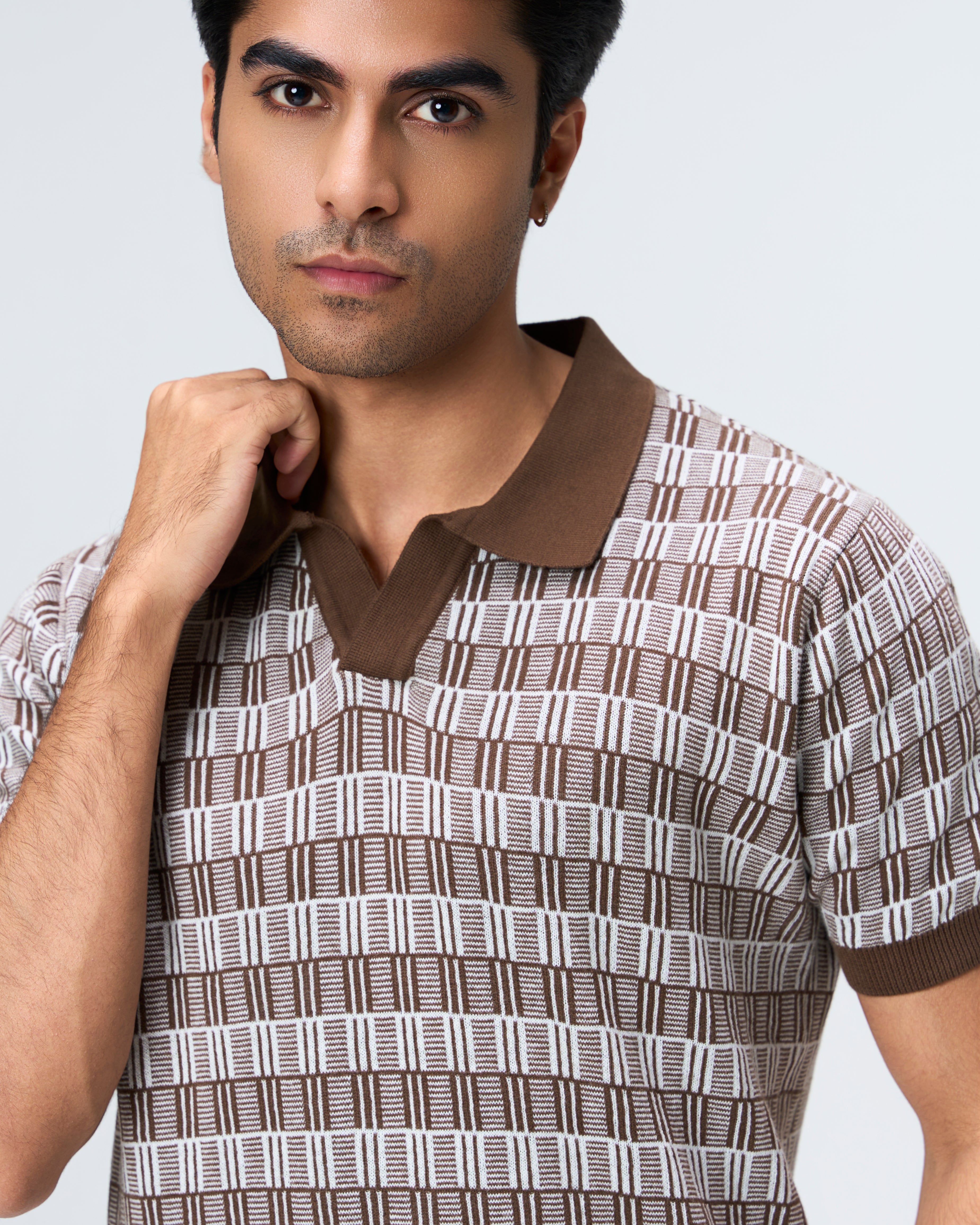 Cocoa Brown Luxe Gridline V-Polo
