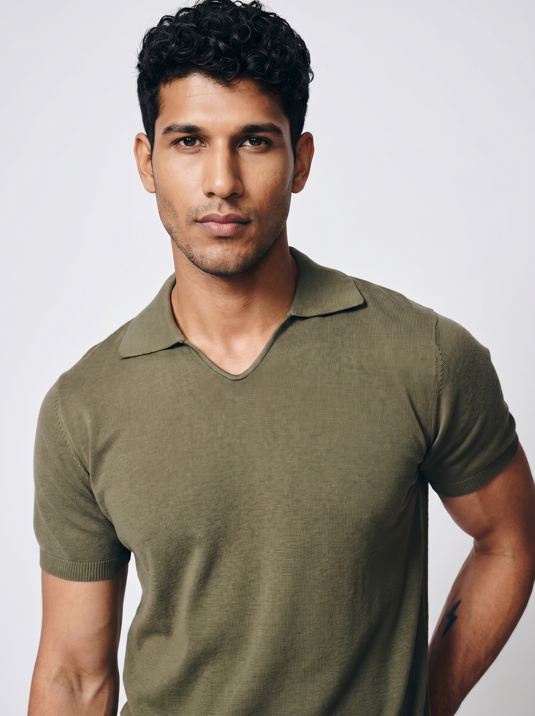 Khaki Cotton-Bamboo U-Neck Polo