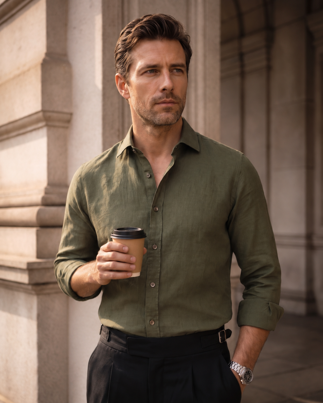 Olive Green Cosmo Linen Blend Shirt