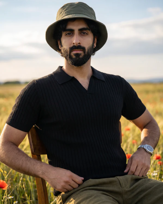 Ink Black Cotton Bamboo V-Neck Polo