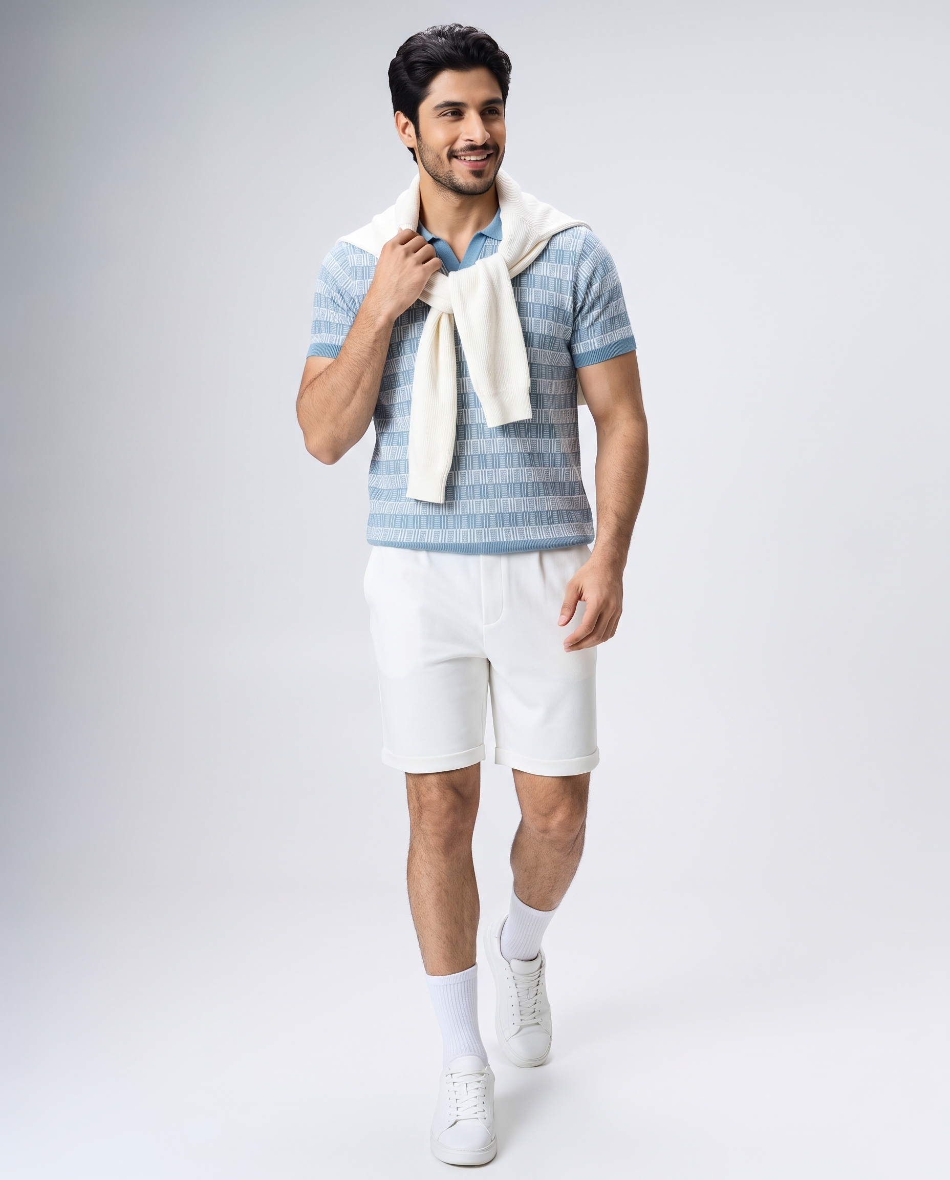 Powder Blue Luxe Gridline V-Polo