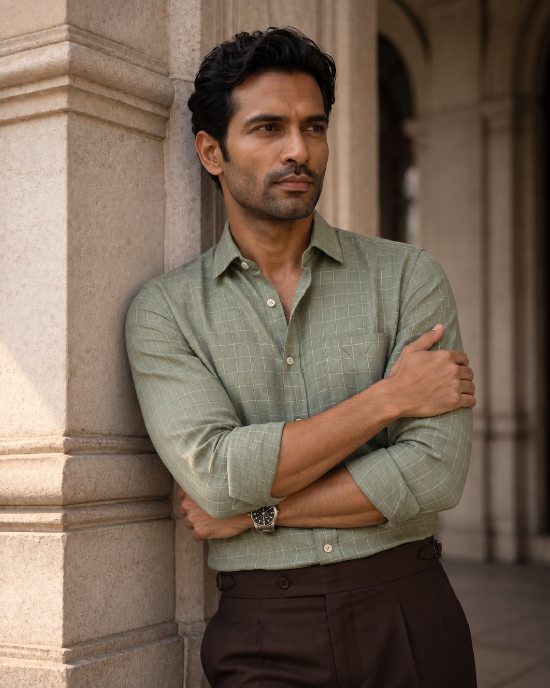 Sage Green Fine Grid 100% Linen Shirt