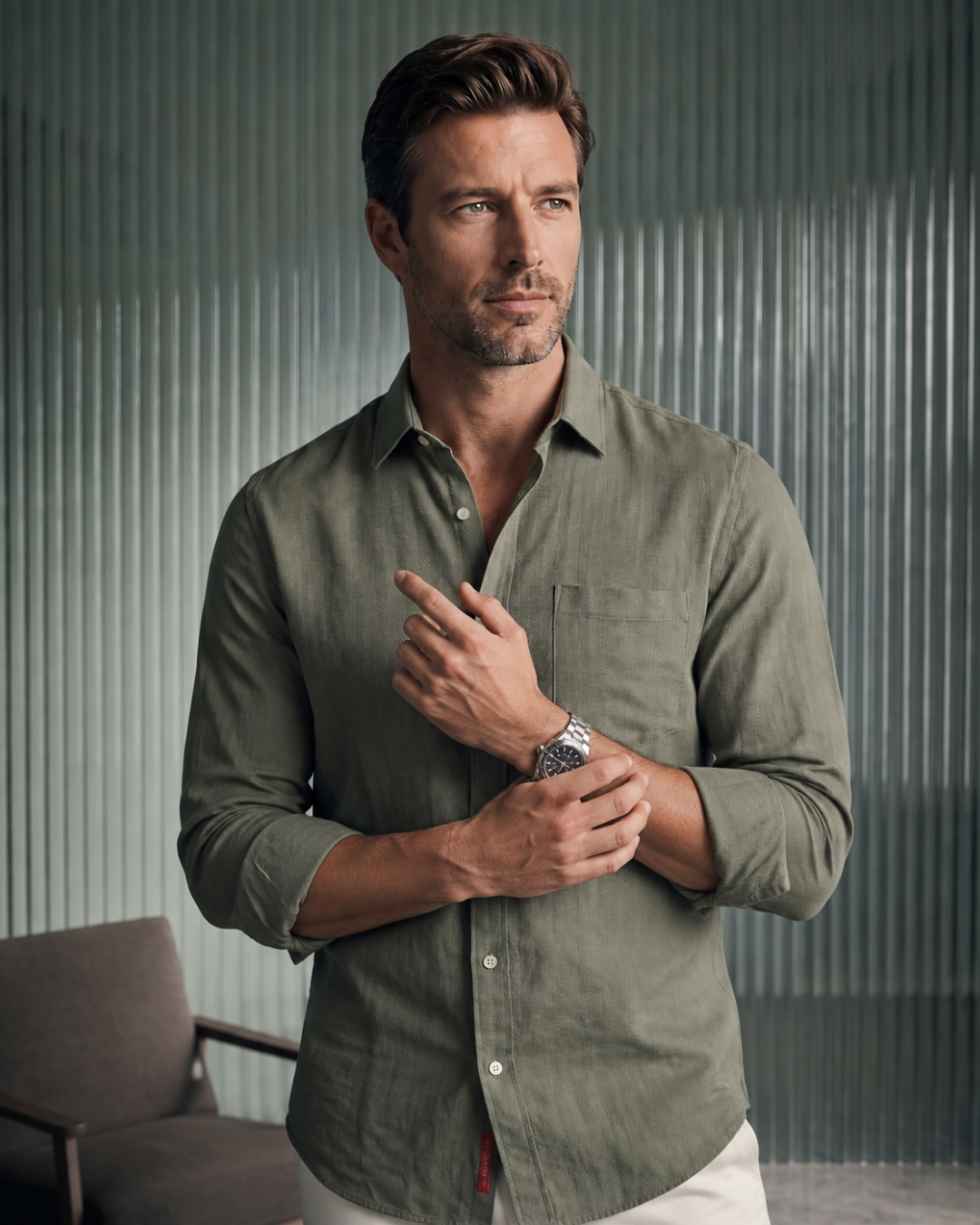Moss Green Herringbone Linen Blend Shirt