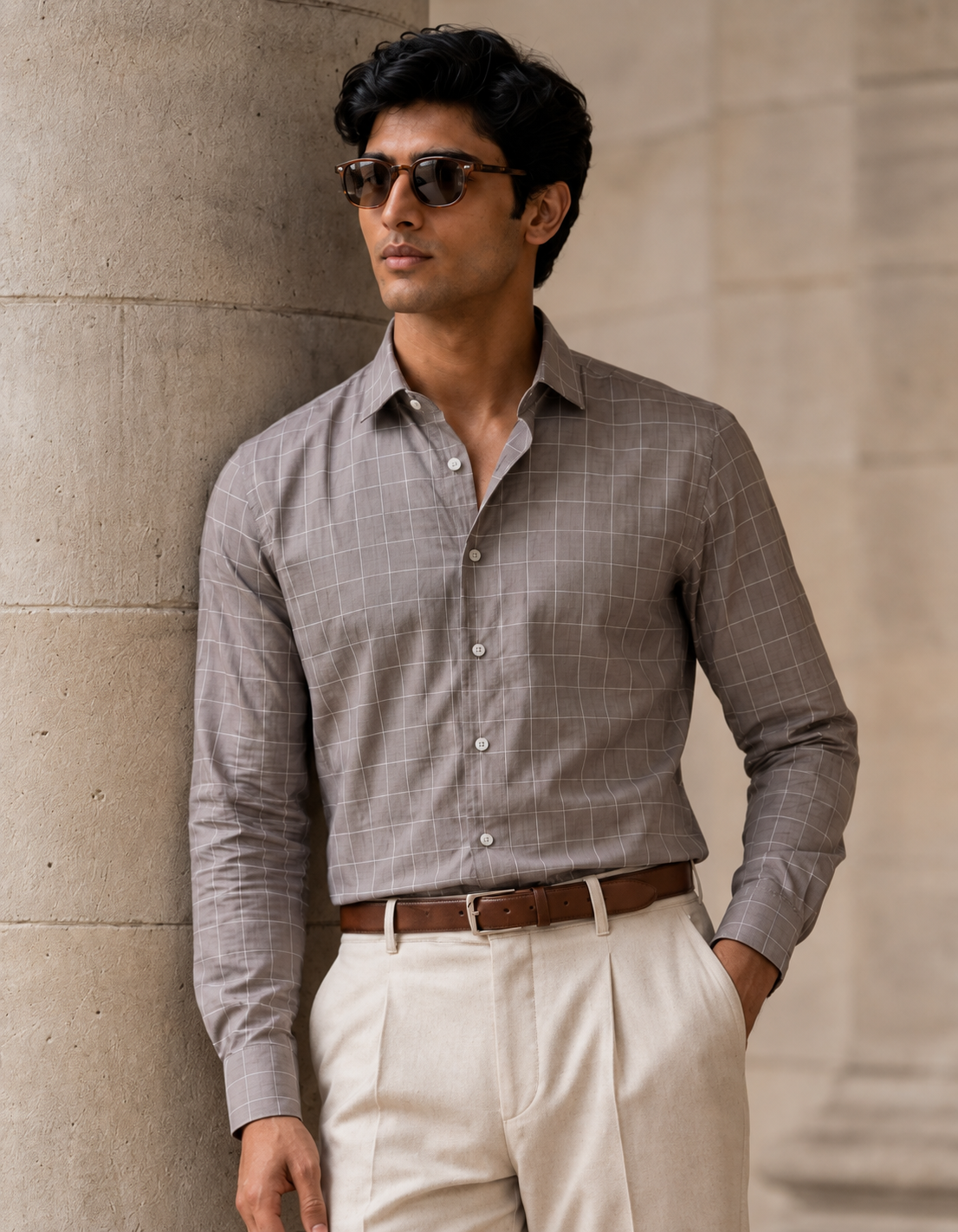 Mocha Taupe Windowpane Check Shirt