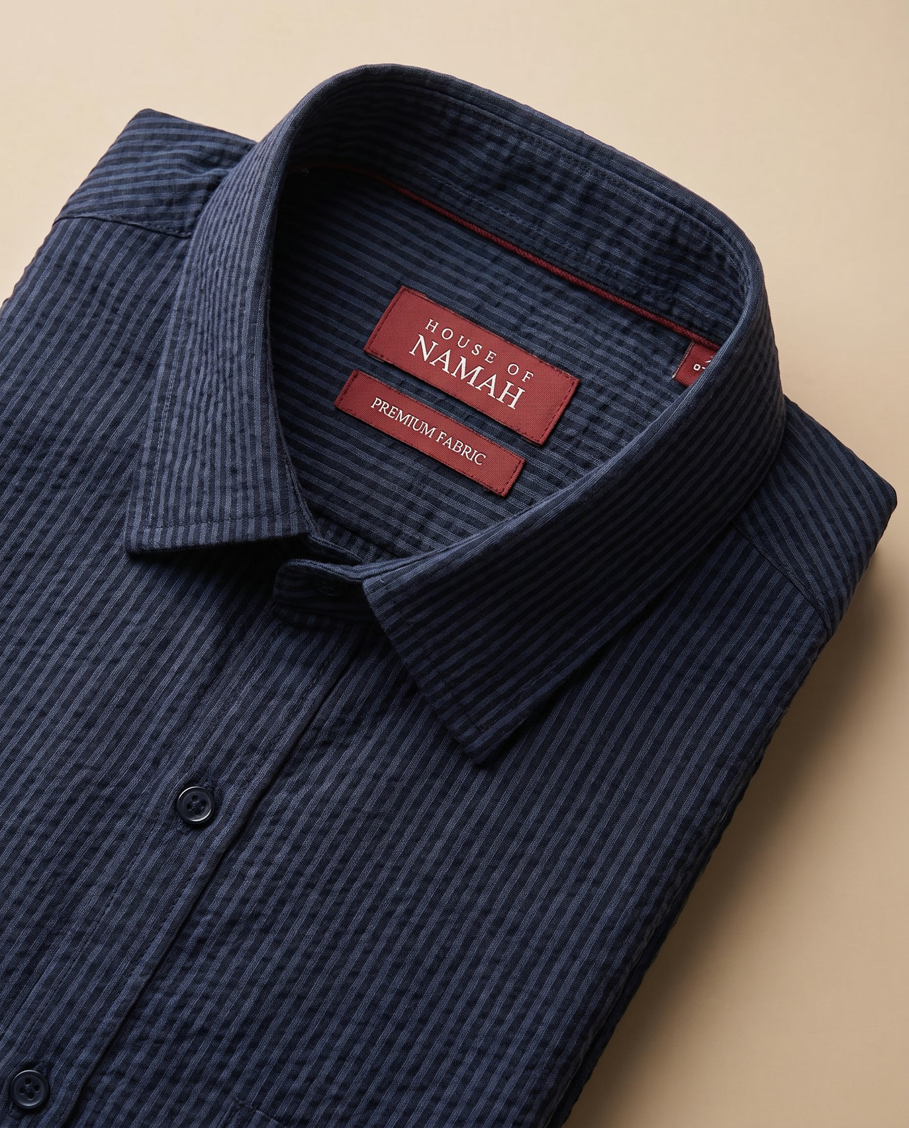 Indigo Navy Seersucker Stretch Shirt - Black Stripe