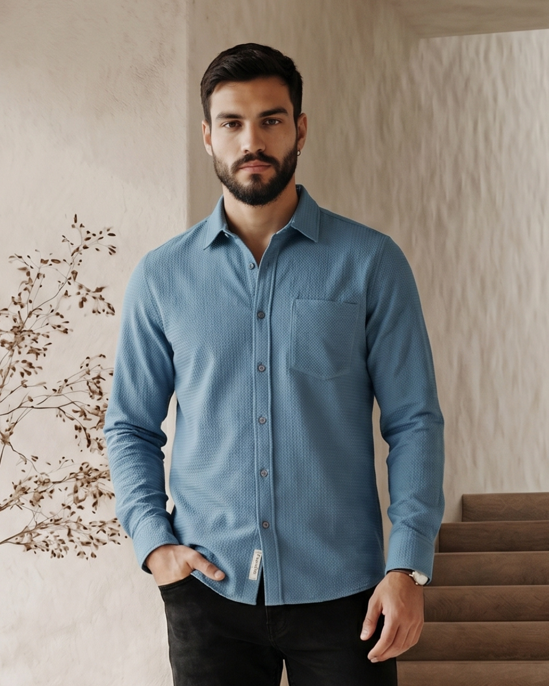 Slate Blue Waffle Textured Shirt