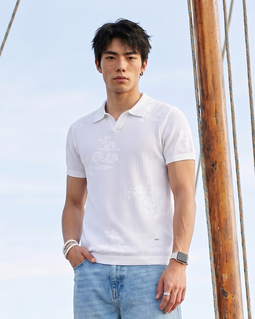 Soft White Floral Jacquard V-Polo