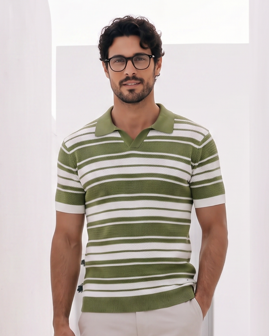 Fern Green Mesh Stripe AIRLOOP V-Polo