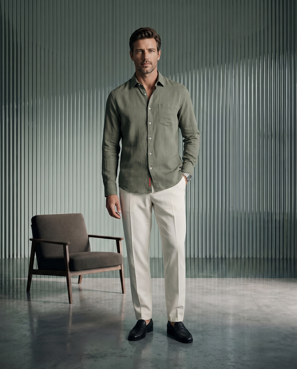Moss Green Herringbone Linen Blend Shirt
