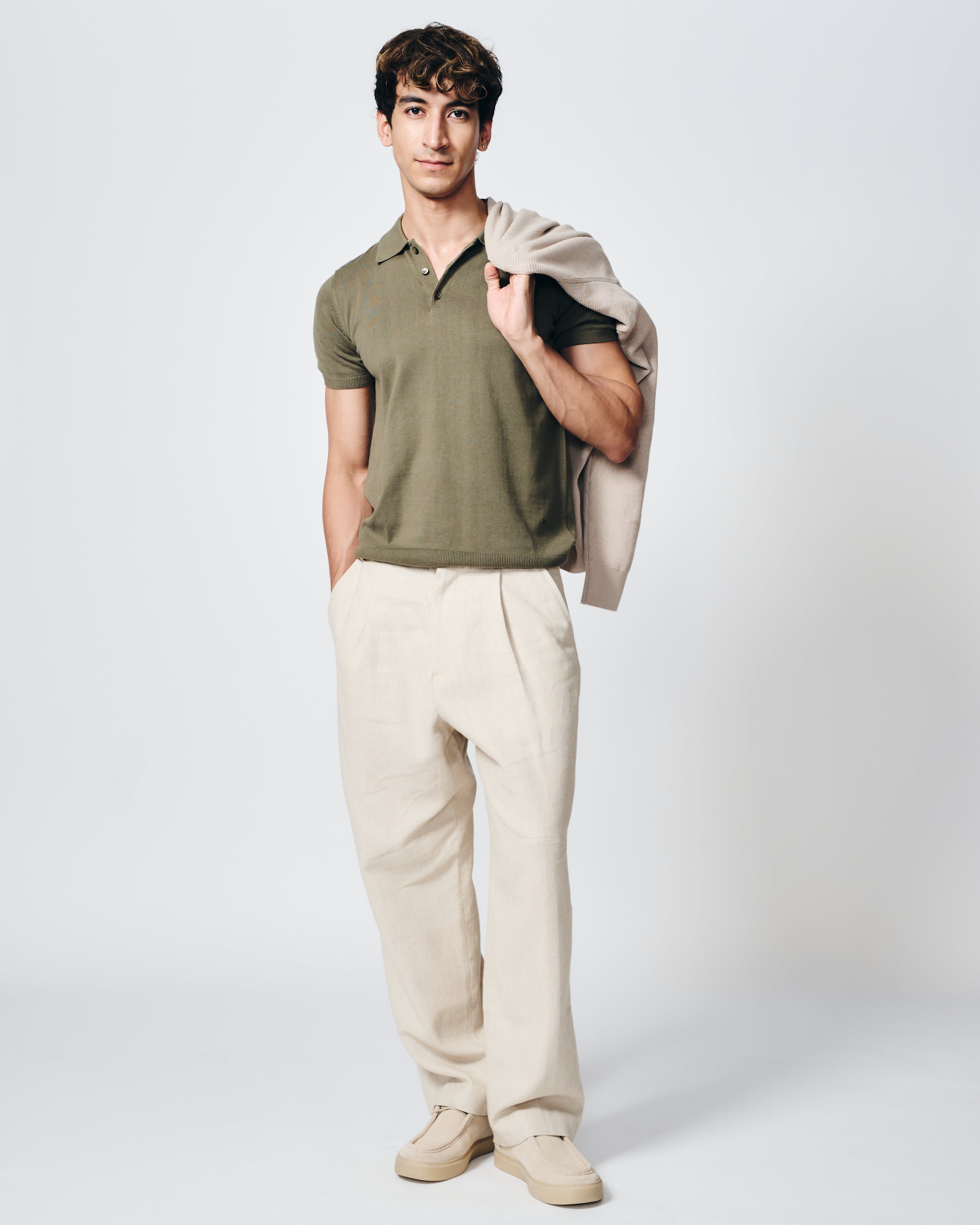 KHAKI GREEN COTTON-BAMBOO SIGNATURE POLO T-SHIRT