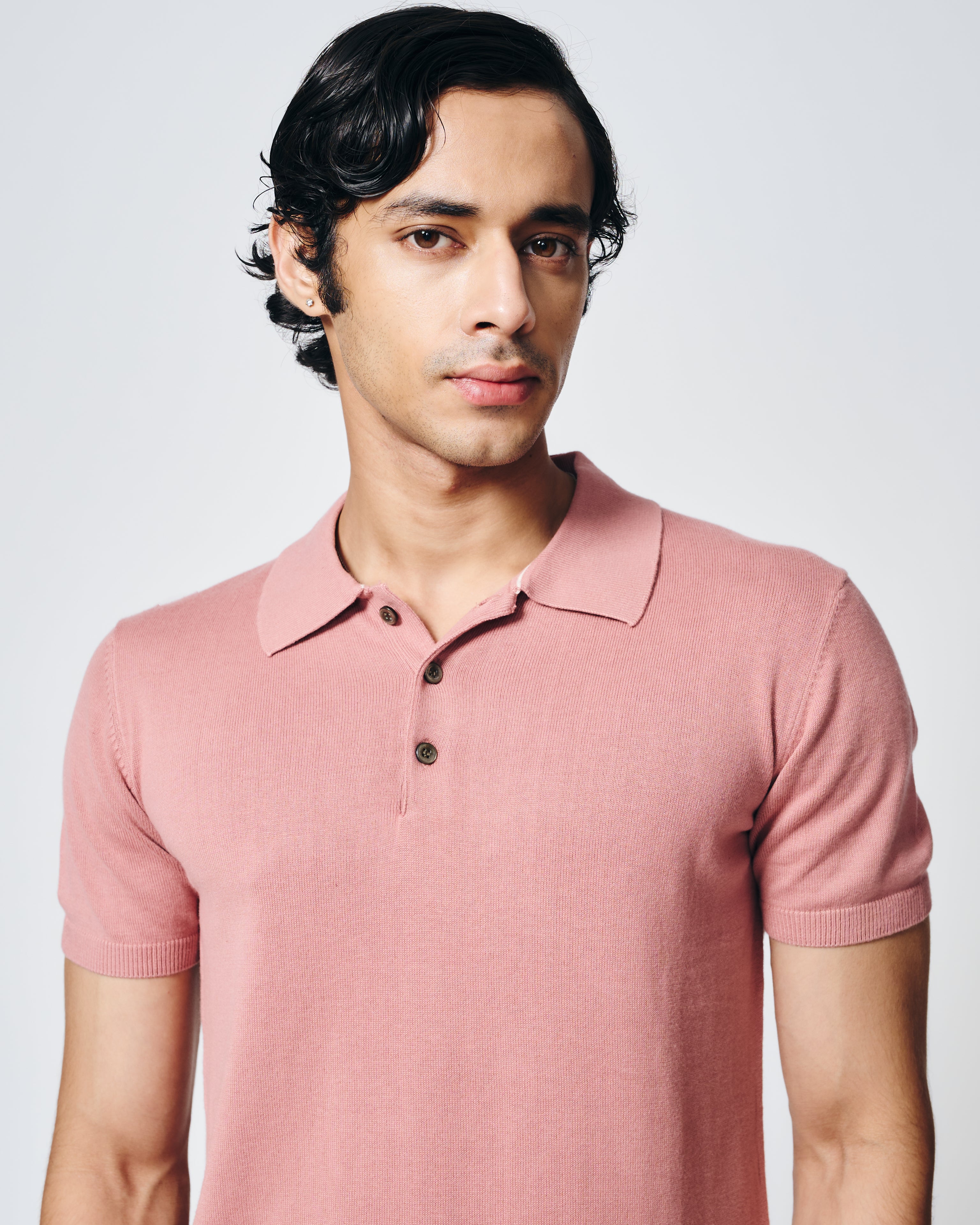 CLAY PINK COTTON-BAMBOO SIGNATURE POLO T-SHIRT