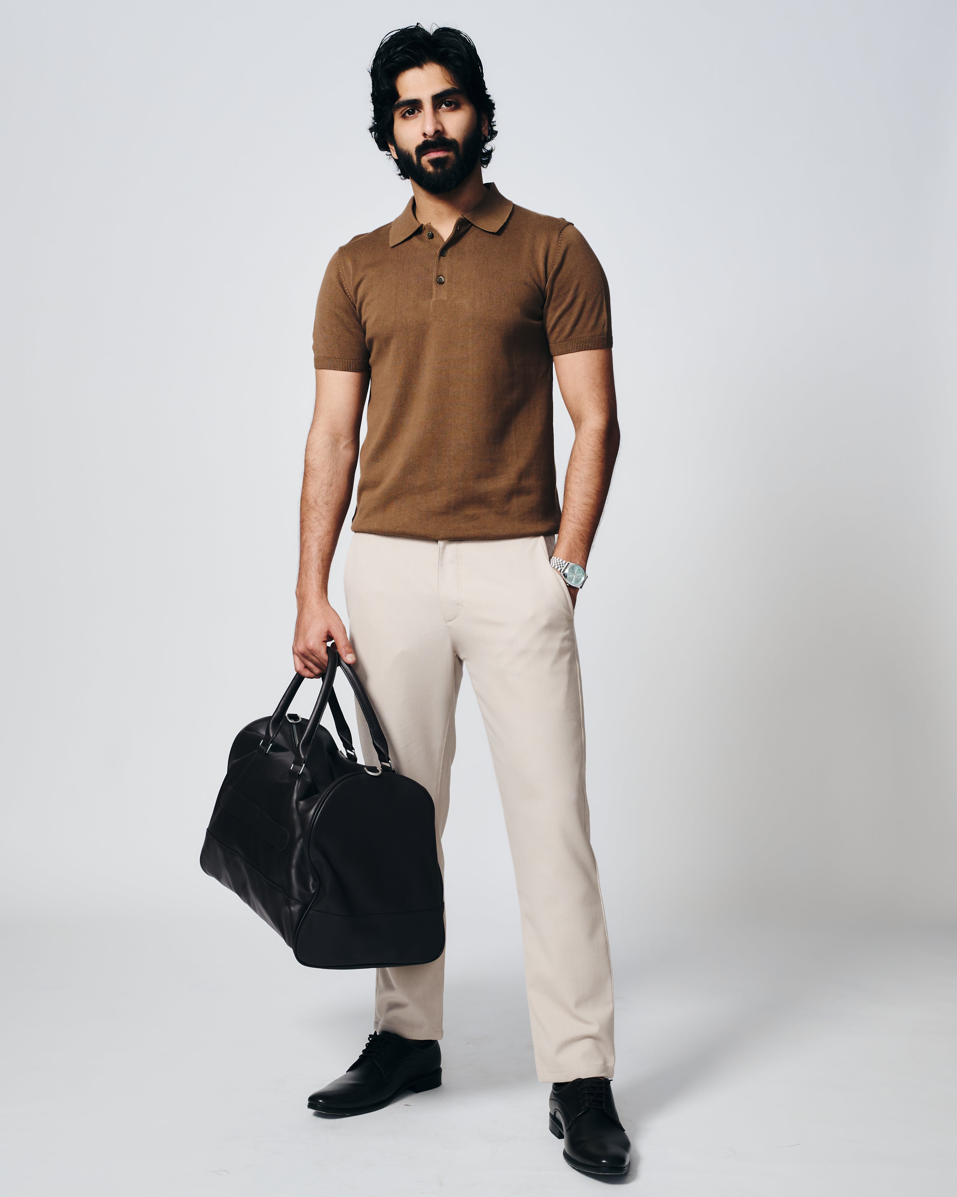 COCOA BROWN COTTON-BAMBOO SIGNATURE POLO T-SHIRT
