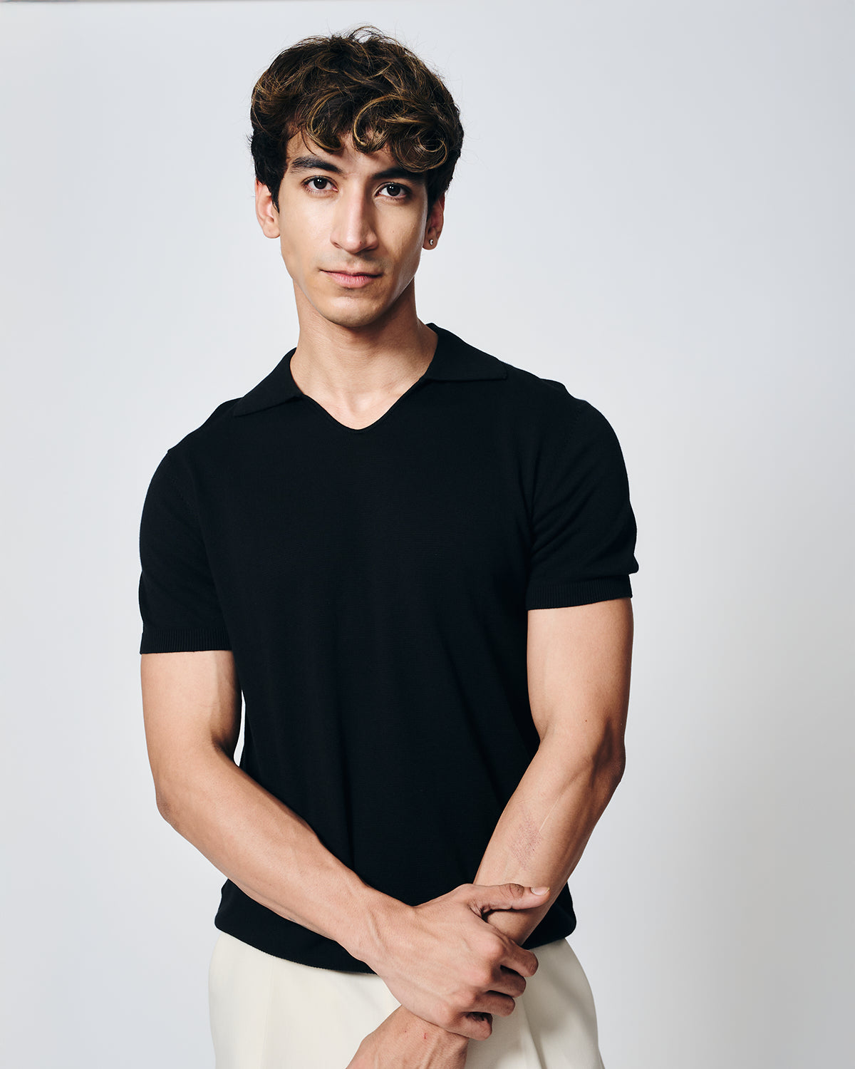 INK BLACK COTTON-BAMBOO U-NECK POLO T-SHIRT
