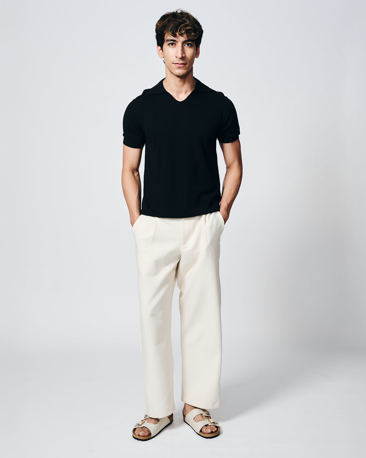 INK BLACK COTTON-BAMBOO U-NECK POLO T-SHIRT