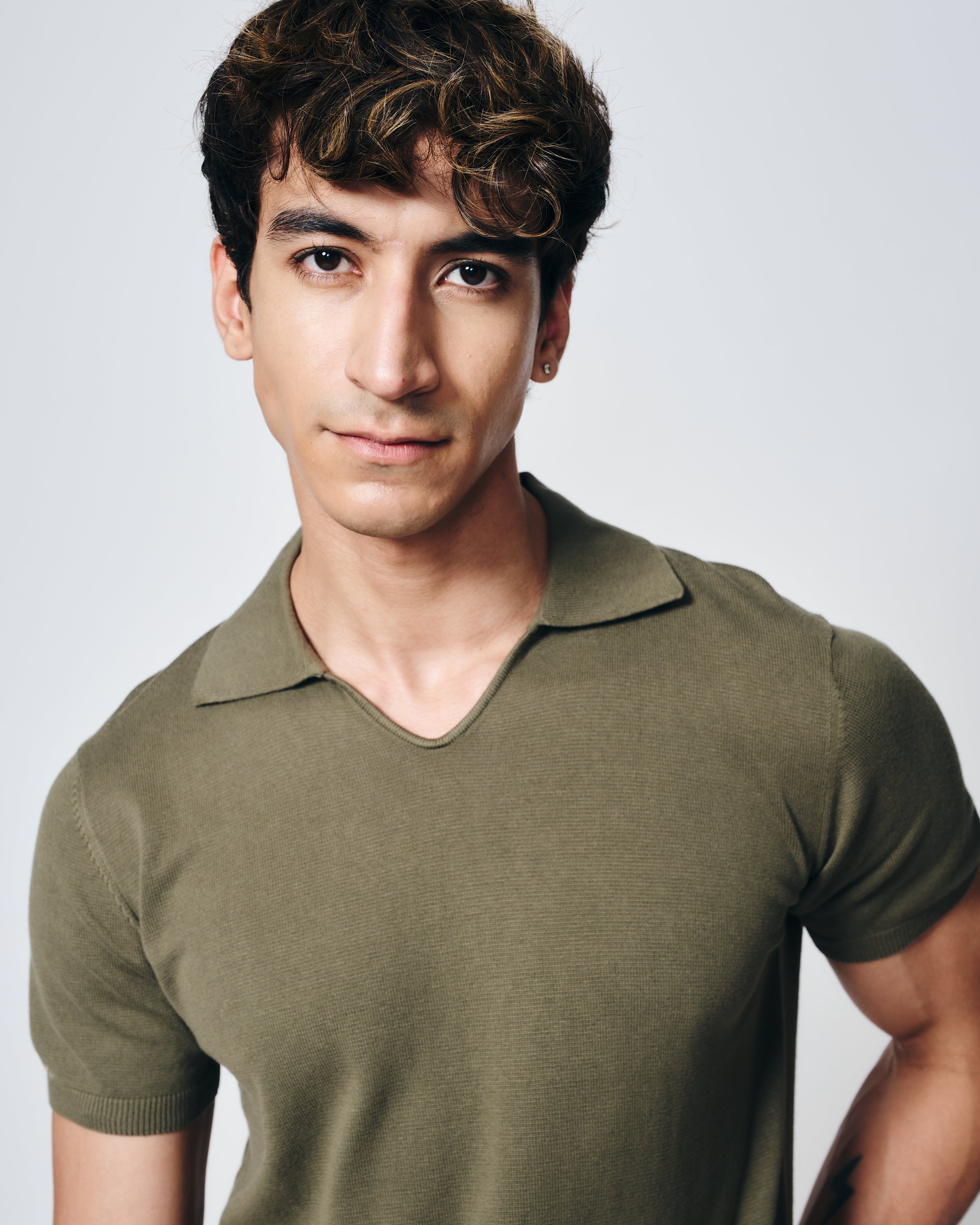 KHAKI GREEN COTTON-BAMBOO U-NECK POLO T-SHIRT