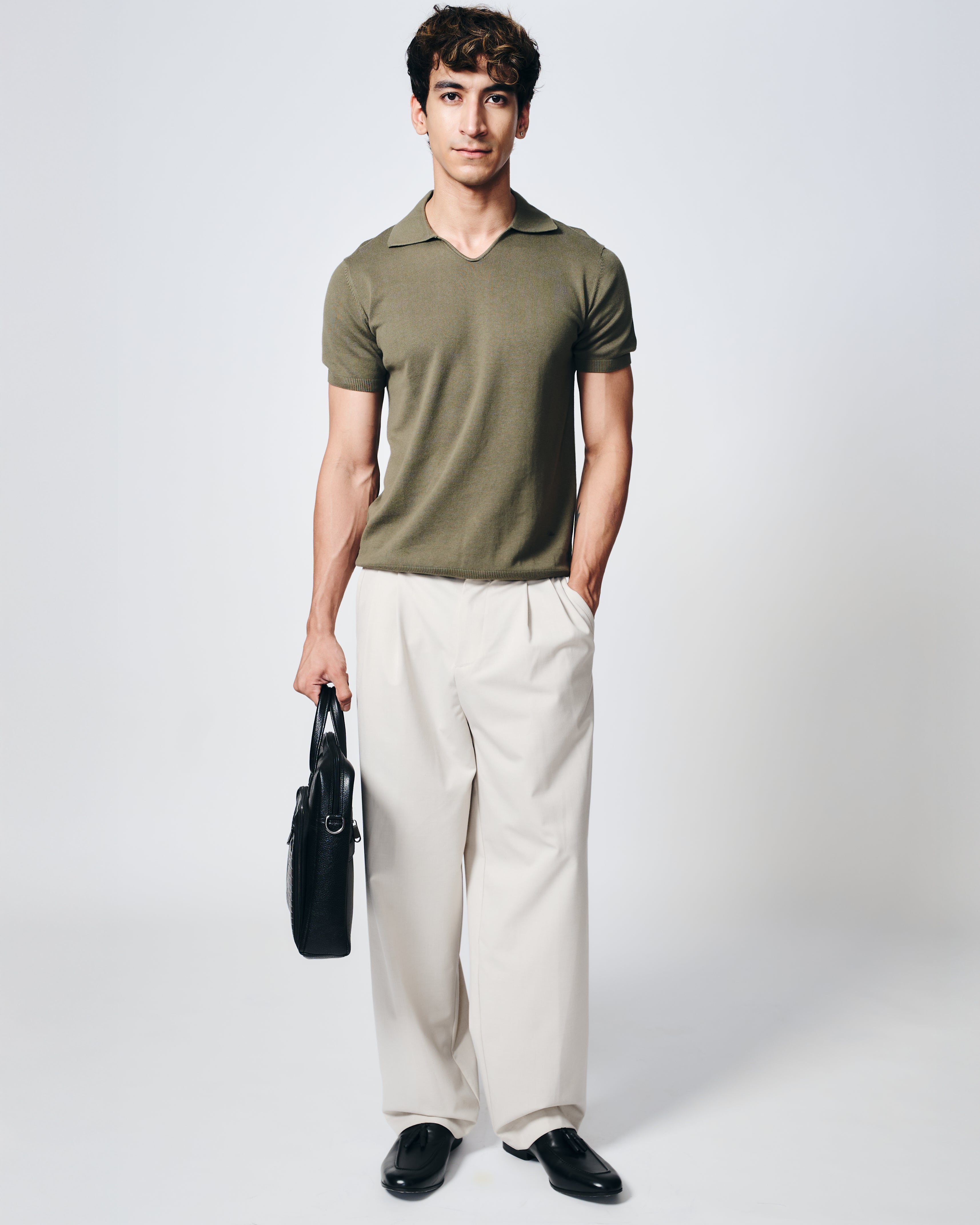 KHAKI GREEN COTTON-BAMBOO U-NECK POLO T-SHIRT