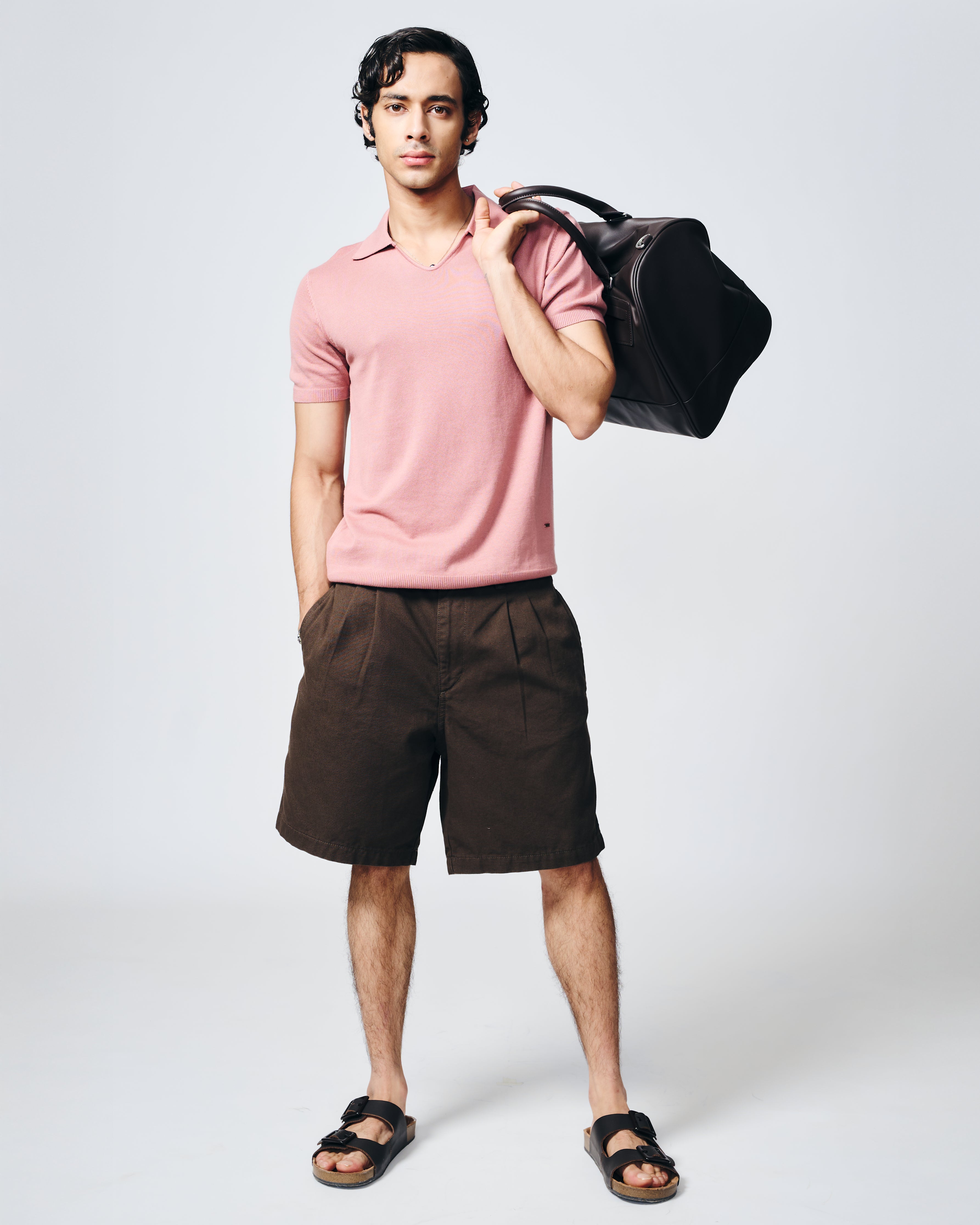 CLAY PINK COTTON-BAMBOO U-NECK POLO T-SHIRT