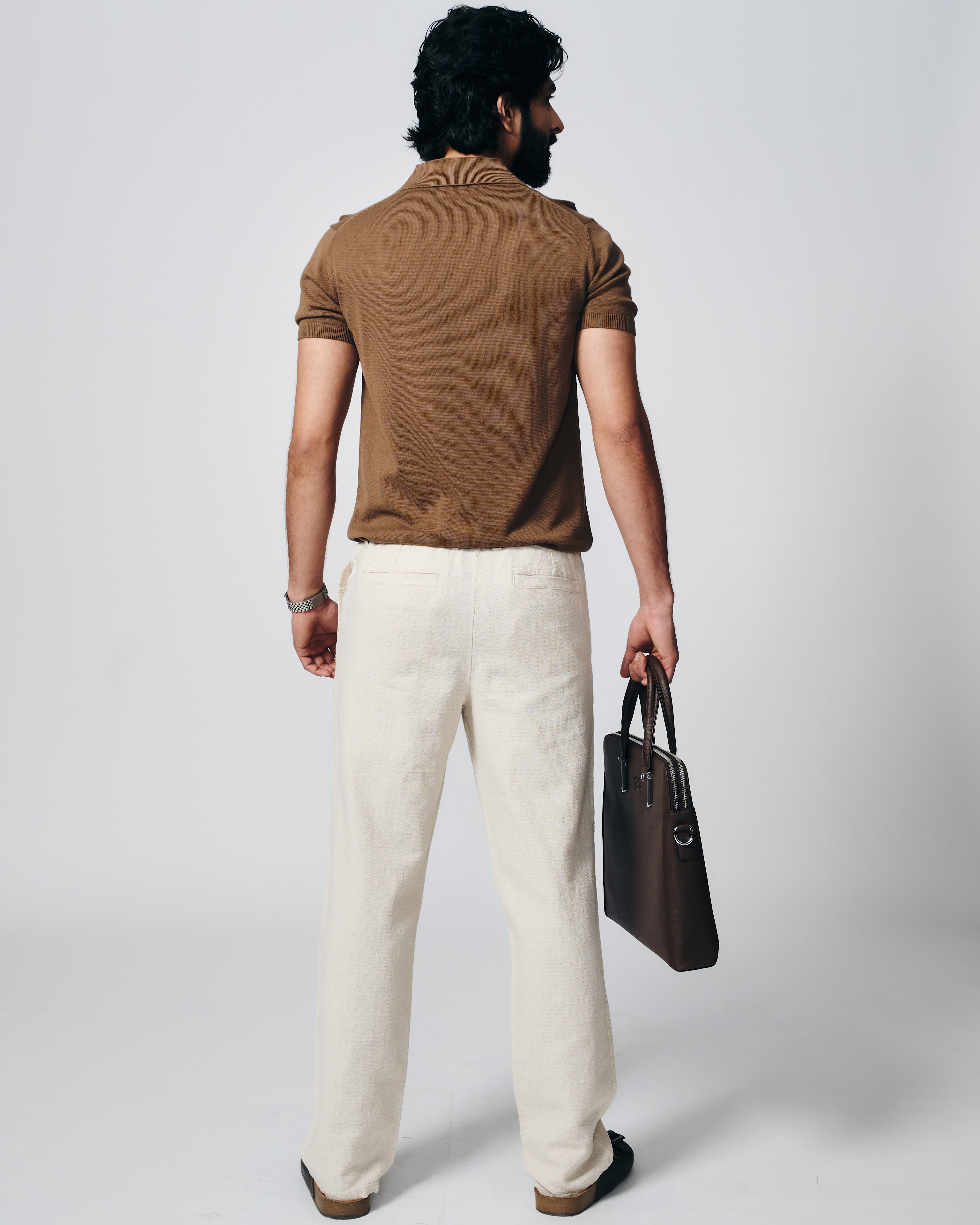 COCOA BROWN COTTON-BAMBOO U-NECK POLO T-SHIRT